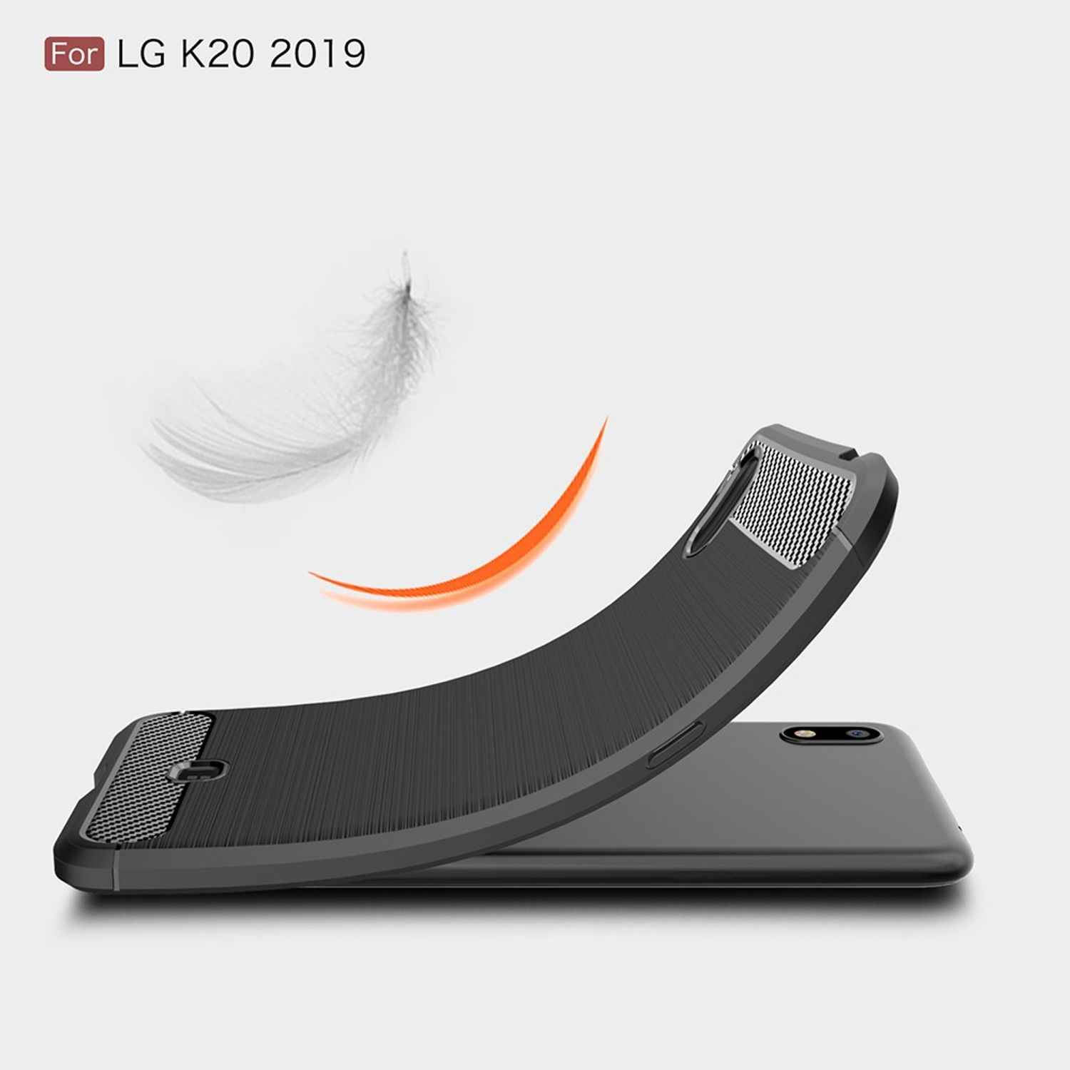 Schwarze Handyhülle mit Feder und orangener Kurve auf weißem Hintergrund.