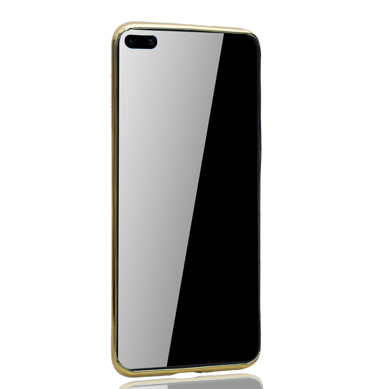 Goldene Handyhülle mit schwarzem, spiegelndem Bildschirm. Das Telefon vor weißem Hintergrund.