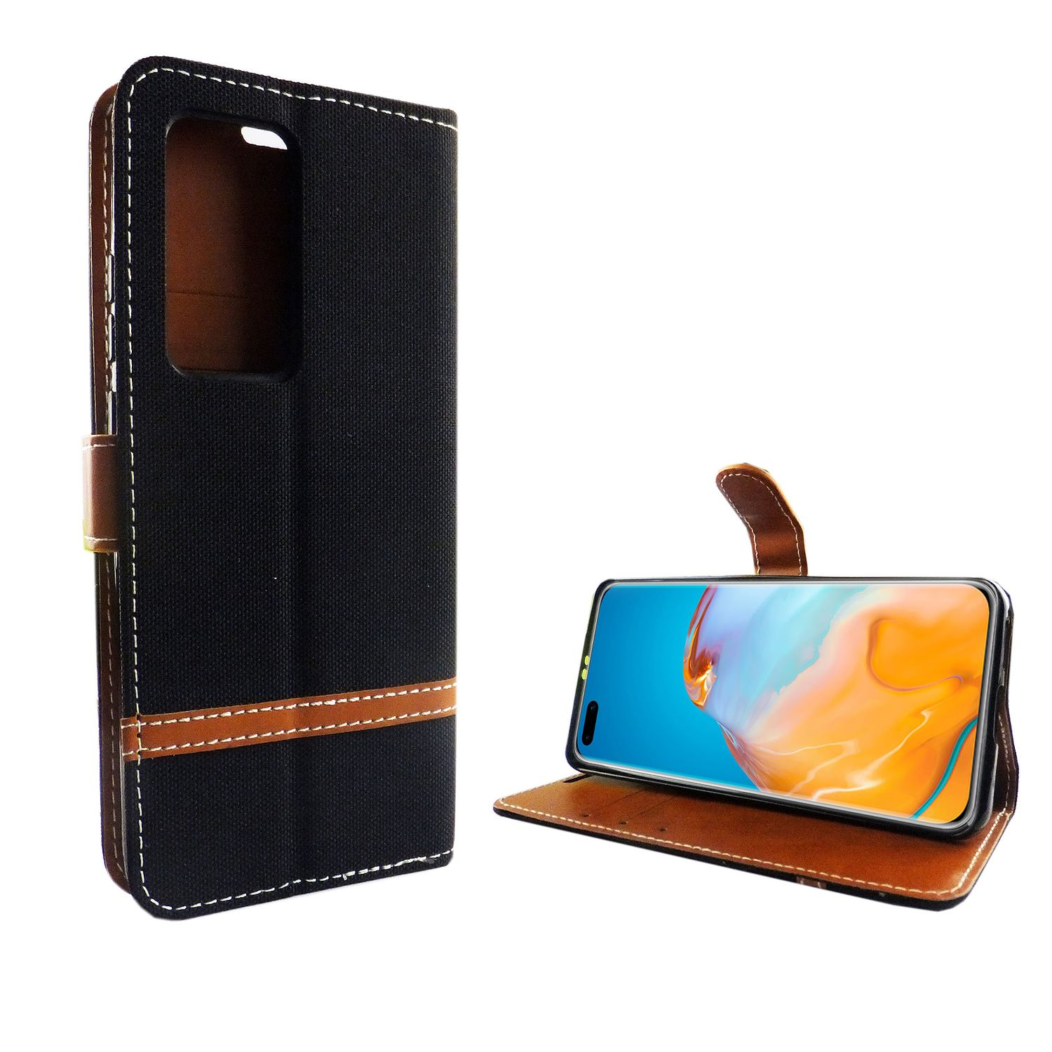 Schwarz-braune Handyhülle mit einem Telefon, das den Startbildschirm anzeigt.
