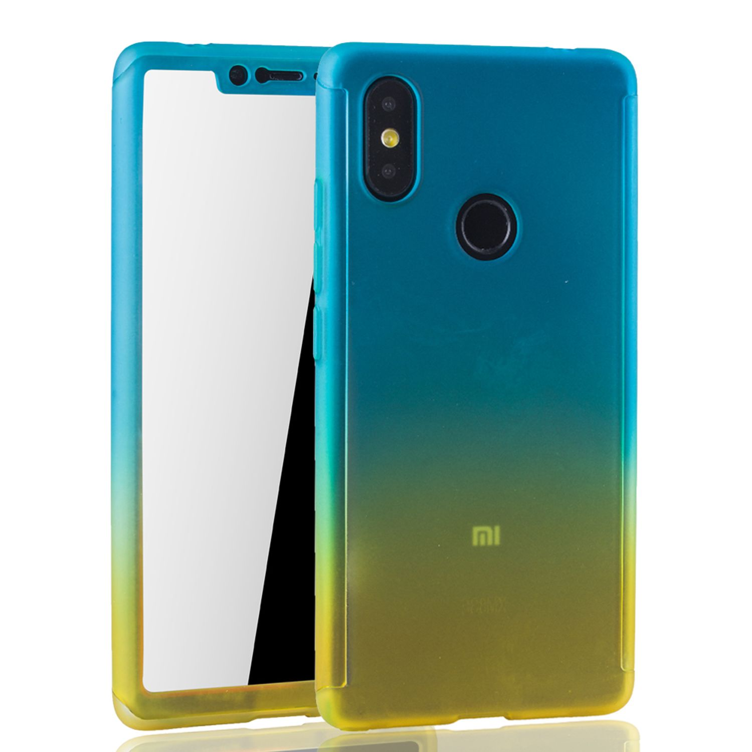 Handyhülle mit blau-gelbem Farbverlauf, Telefon darin.