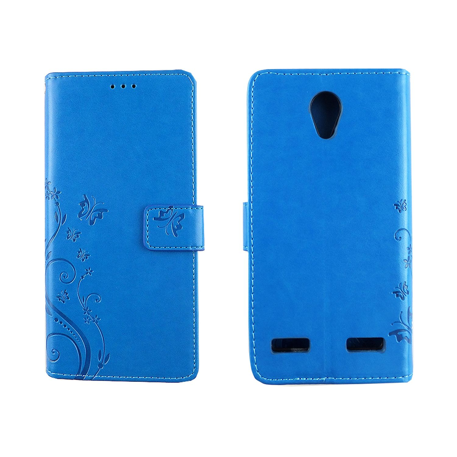 Blaue Handyhülle mit Schmetterlingsdesign. Die Hülle ist offen.