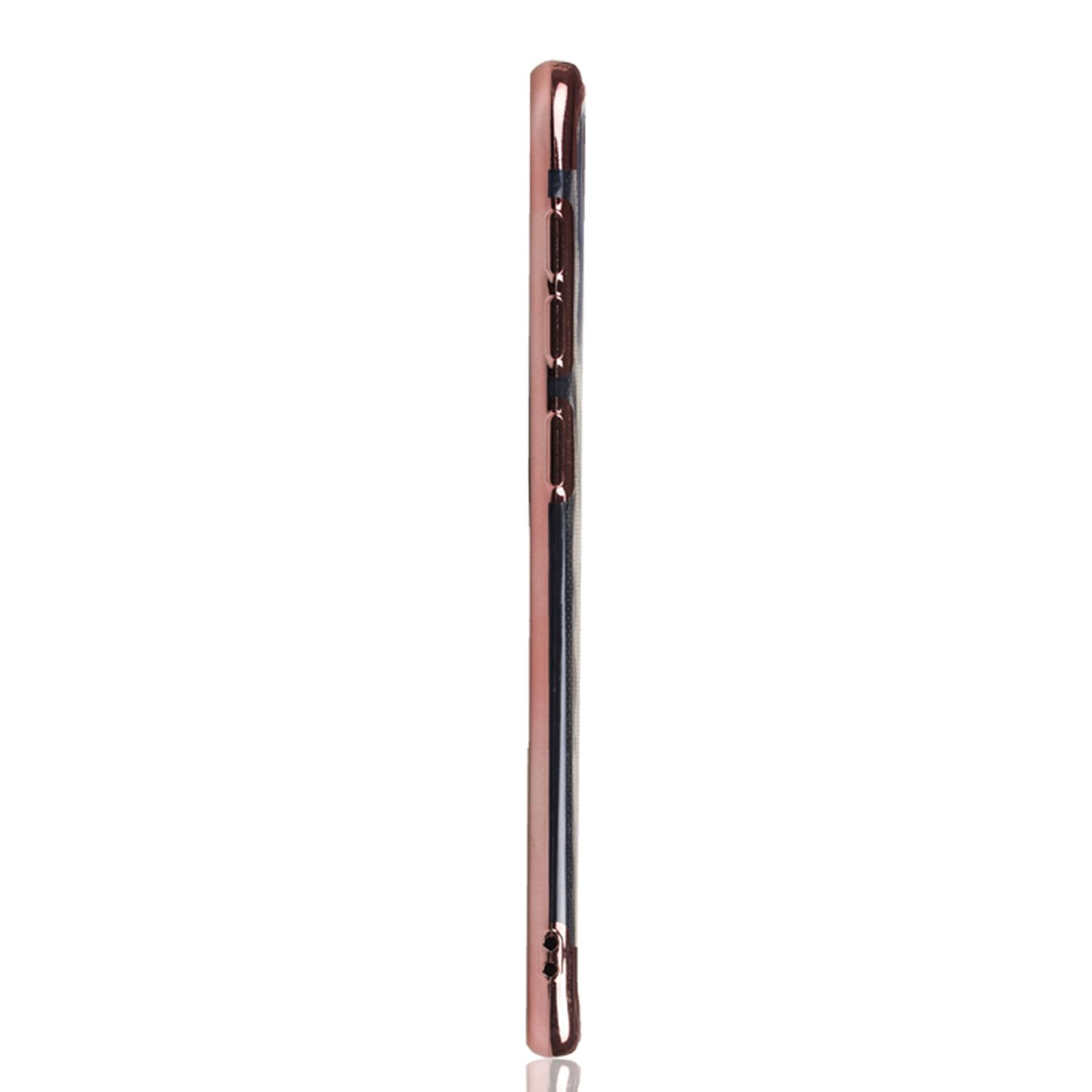 Seitenansicht eines roségoldenen Telefons. Das Telefon hat eine glatte Oberfläche. Der Hintergrund ist weiß.
