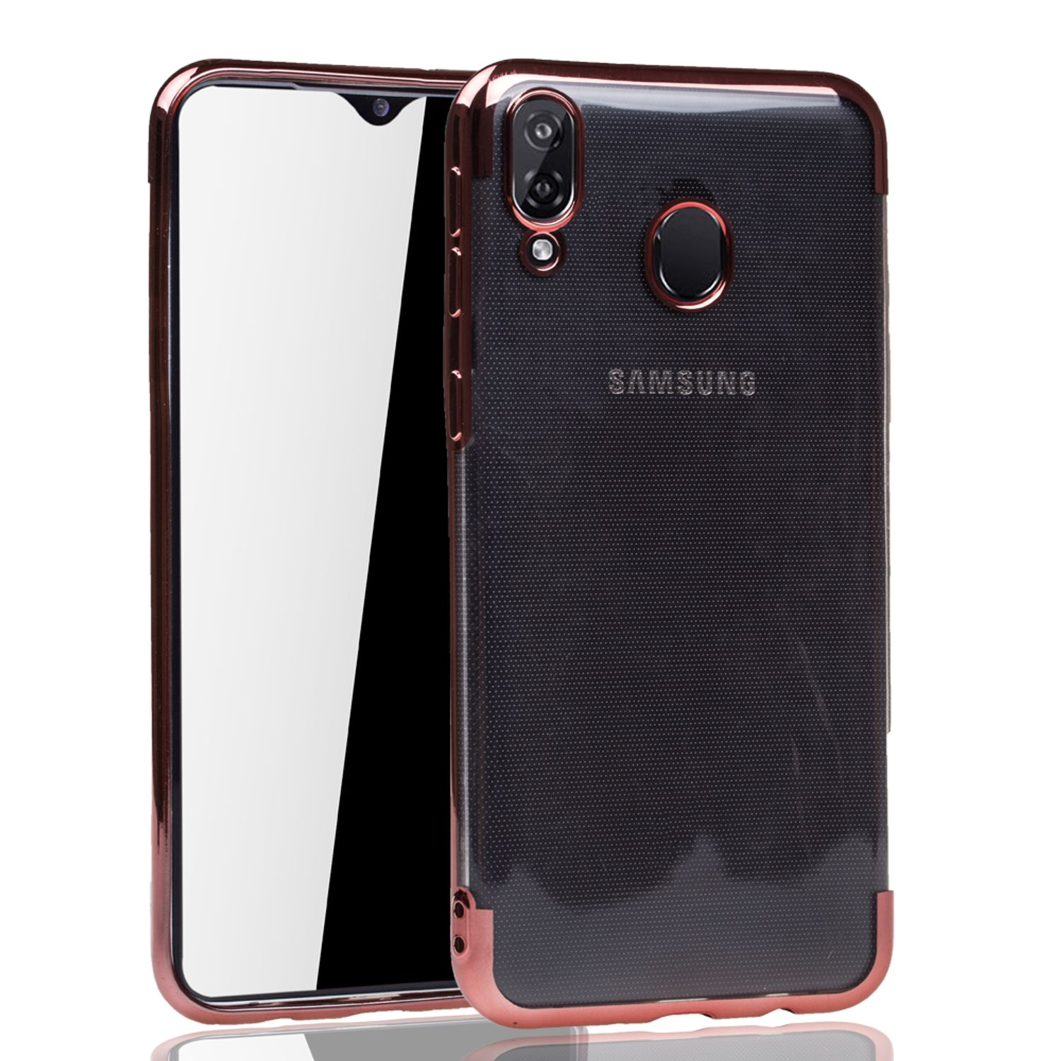 Schwarze Handyhülle mit roségoldenem Rand, Dual-Kamera und Samsung-Logo. Der Bildschirm ist sichtbar.