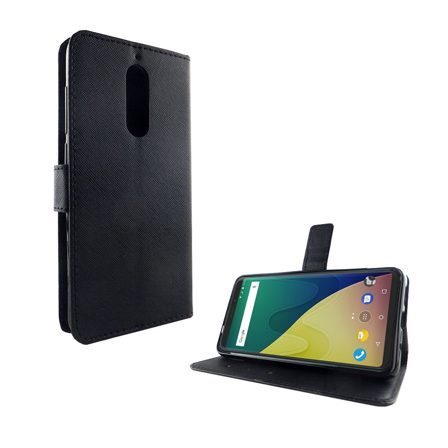 Schwarze Handyhülle mit Telefon darin. Telefon auf einem Ständer. Weißer Hintergrund.