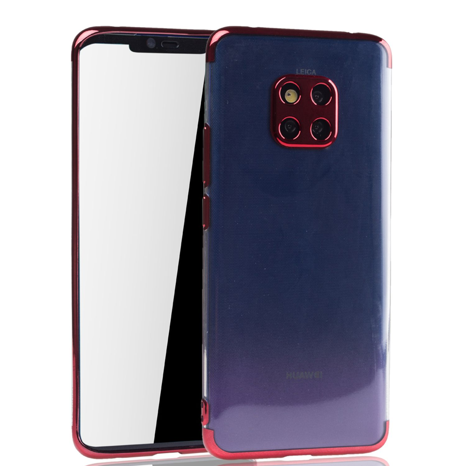 Schwarzes Telefon mit transparenter blauer und roter Hülle. Weißer Hintergrund.
