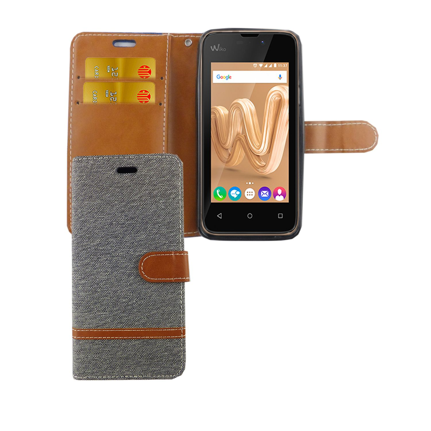 Telefon in brauner Hülle, offen, mit Karten. Bildschirm zeigt Wiko-Logo.