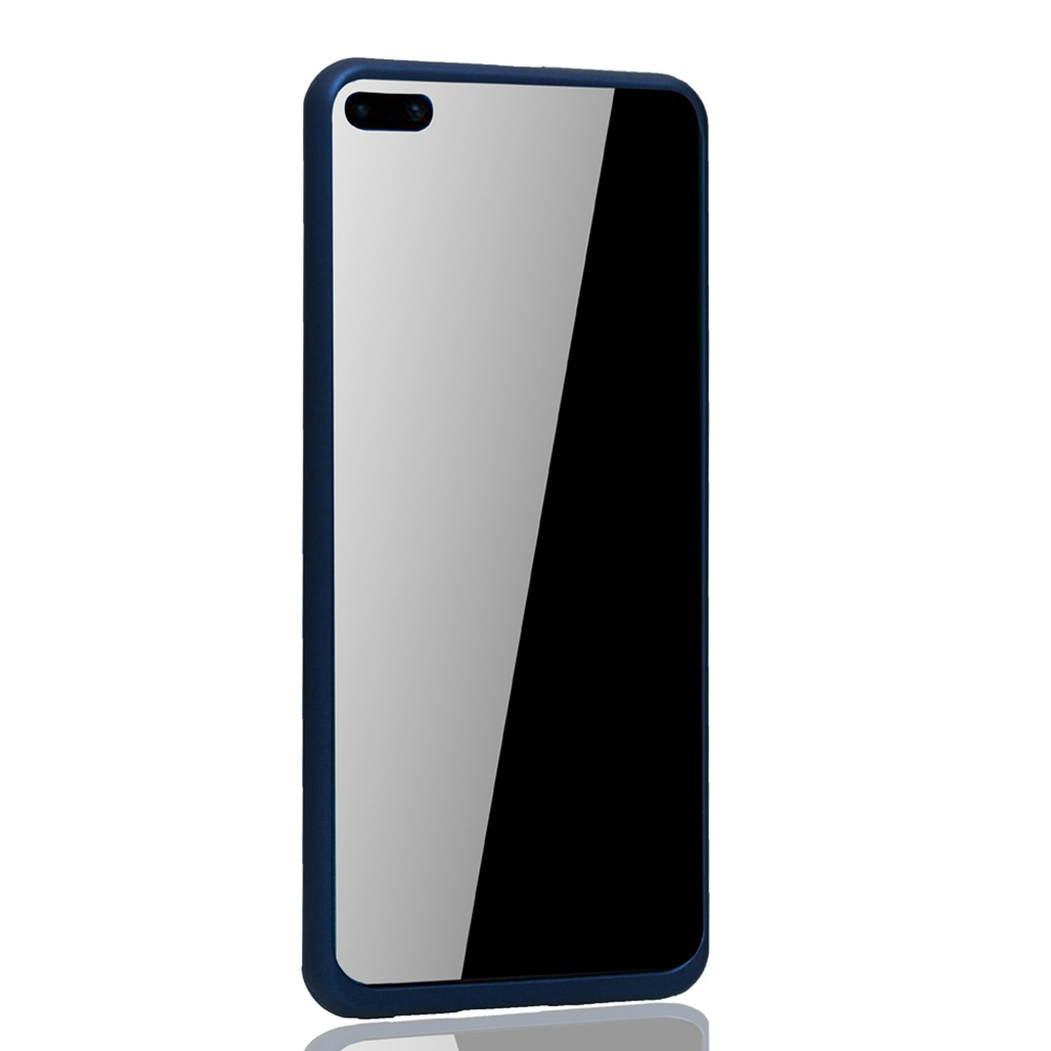 Blau umrandetes Telefon mit reflektierendem Bildschirm, das ein schlankes, modernes Design vor weißem Hintergrund zeigt.