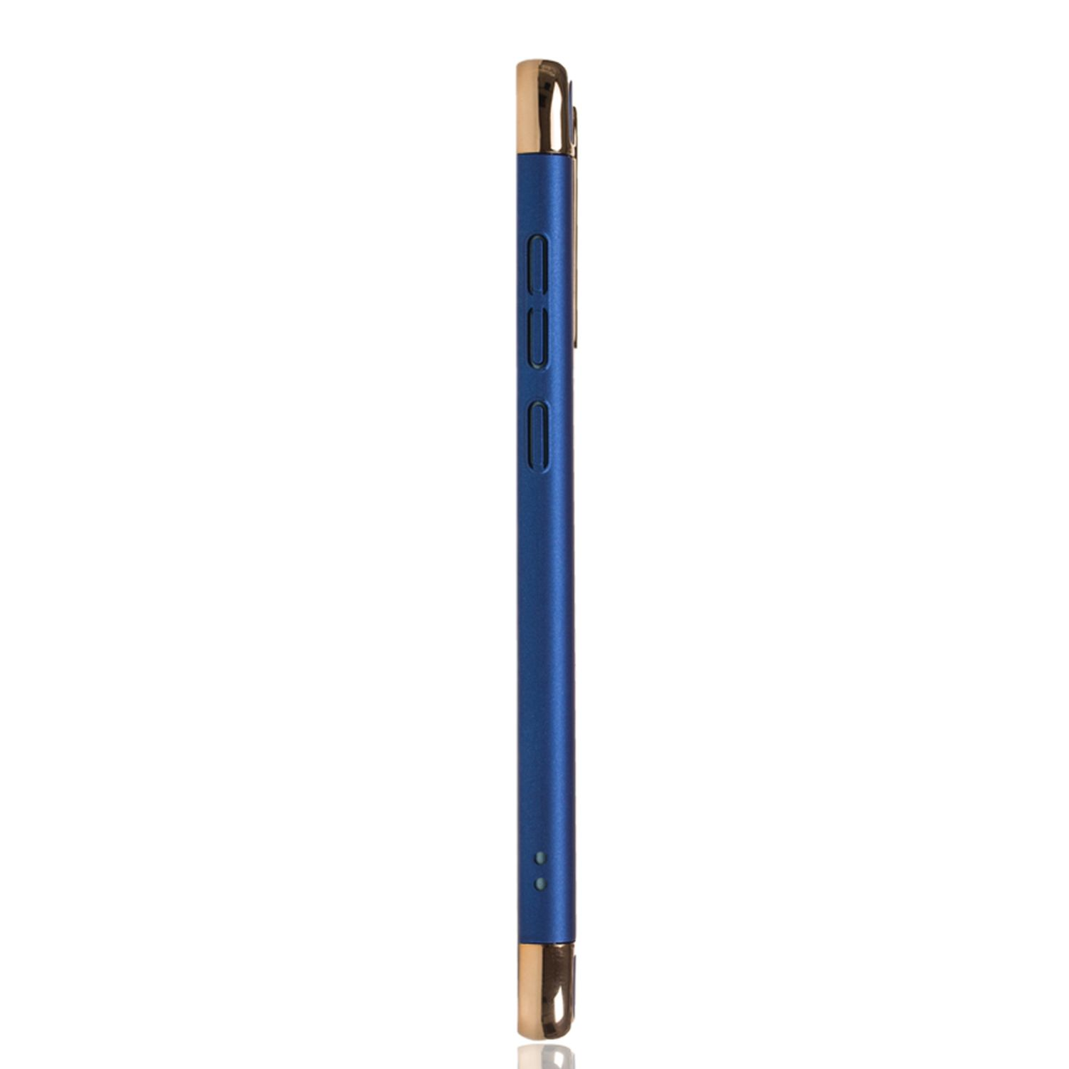 Eine blaue Handyhülle, Seitenansicht. Goldakzente an Ober- und Unterkante.