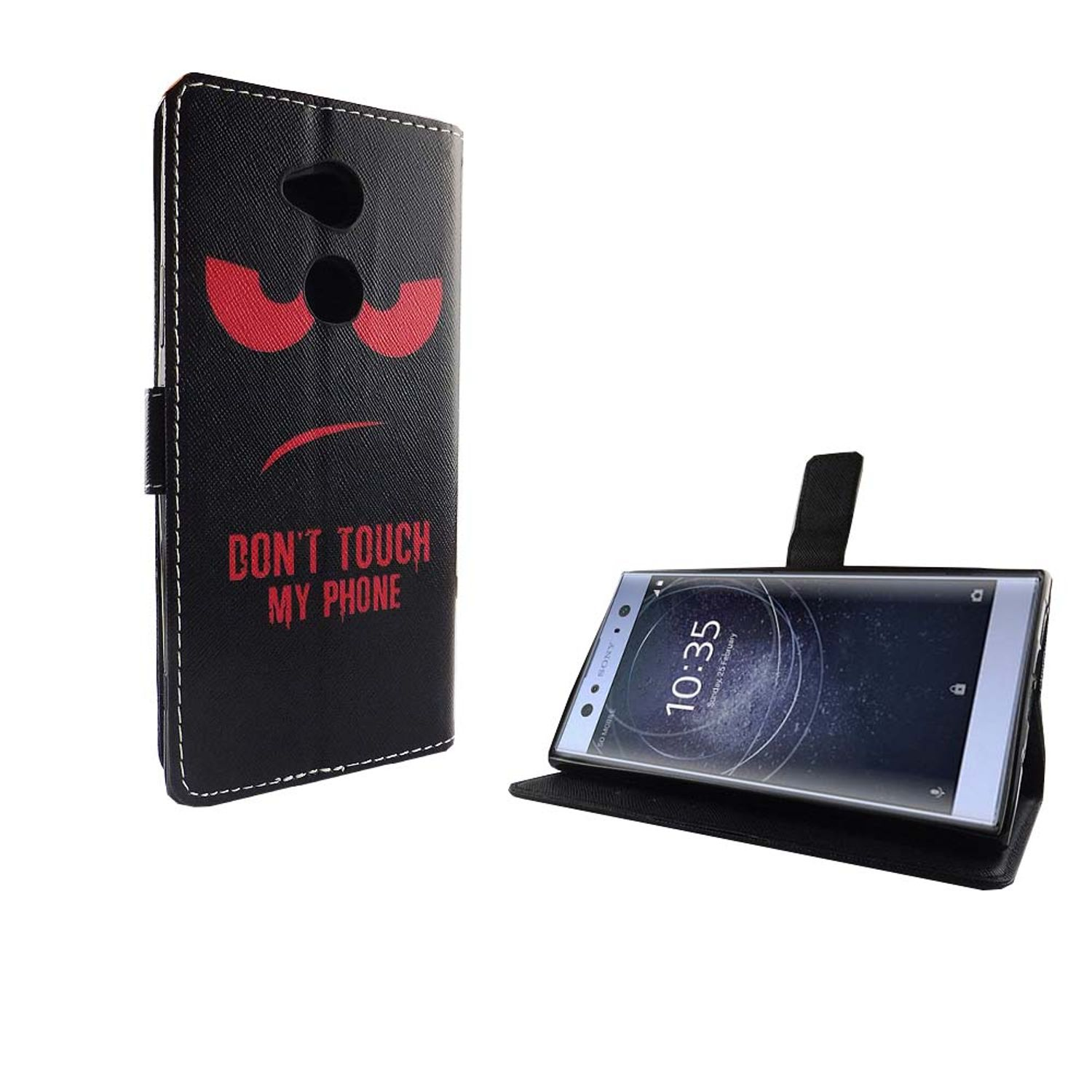 Schwarze Handyhülle mit roten Augen und den Worten "DON'T TOUCH MY PHONE".