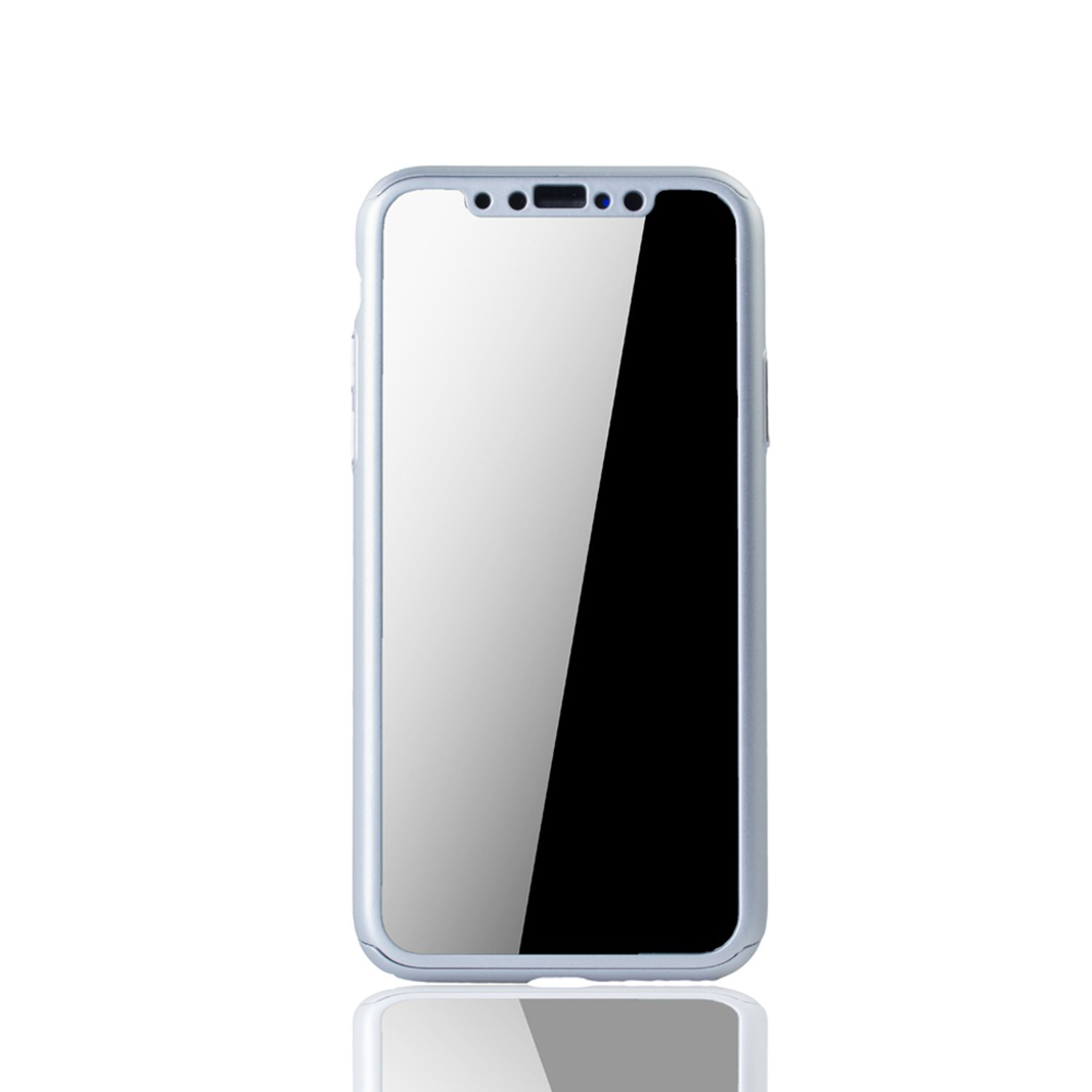 Telefon mit Schutzhülle. Der Bildschirm ist schwarz. Hellblaues Gehäuse.