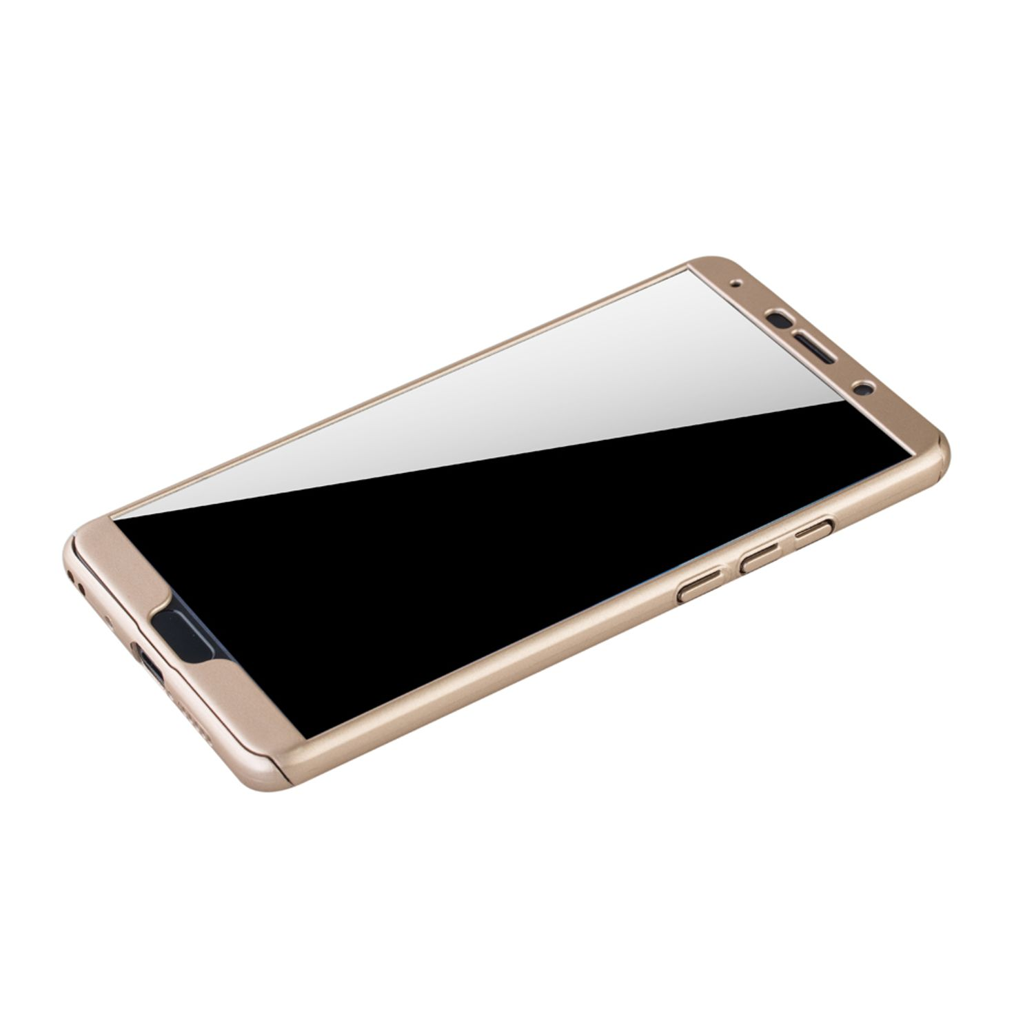 Ein goldenes Telefon mit schwarzem Bildschirm und Displayschutzfolie. Das Telefon ist auf einer weißen Oberfläche angewinkelt.