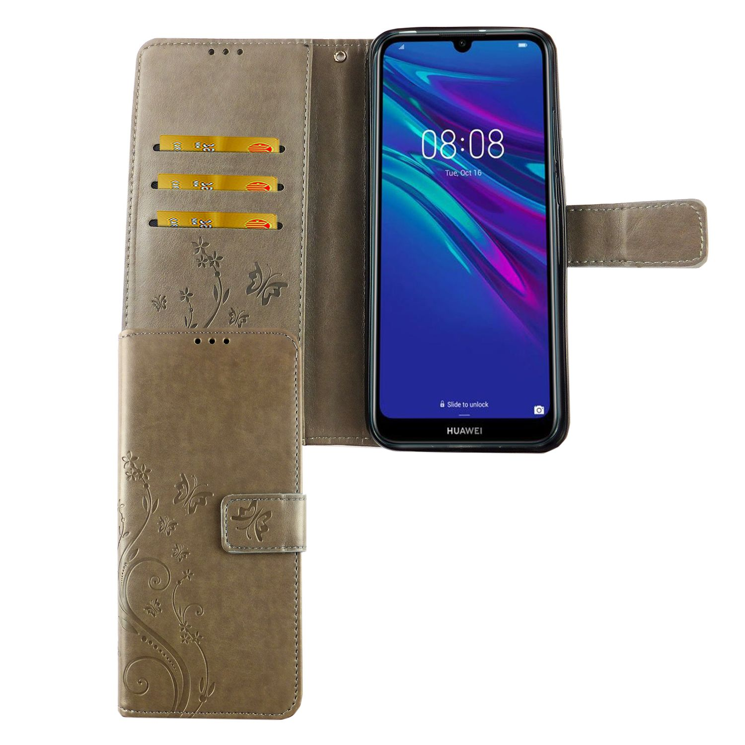 Braune Handyhülle mit einem Telefon, das die Uhrzeit und das Datum anzeigt, mit Kreditkartenfächern und Blumendesign.