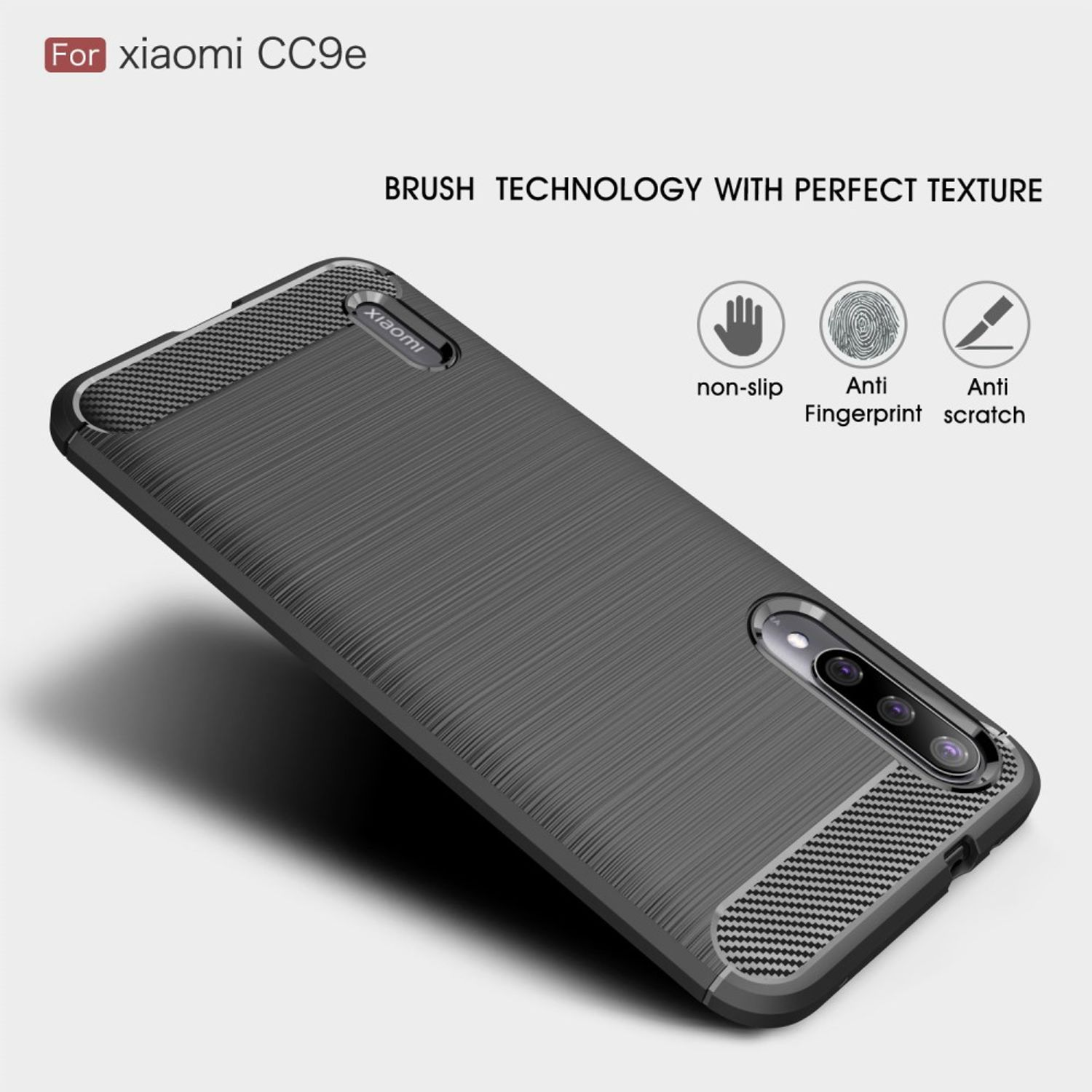 Graue, strukturierte Handyhülle mit Text 'For Xiaomi CC9e' und Symbolen auf weißem Hintergrund.
