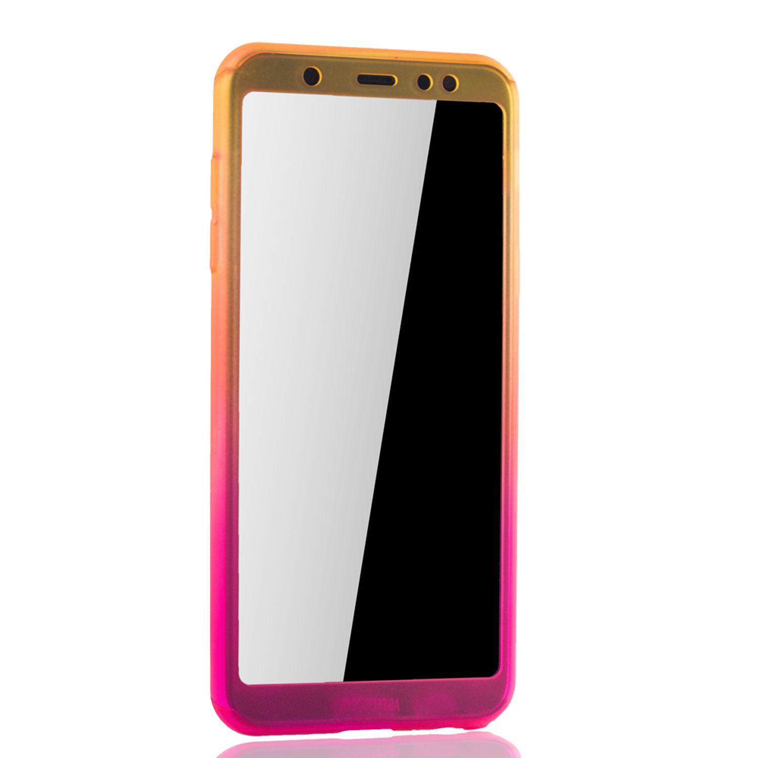 Ein Telefon in einer Hülle mit Farbverlauf. Die Hülle ist orange und pink.