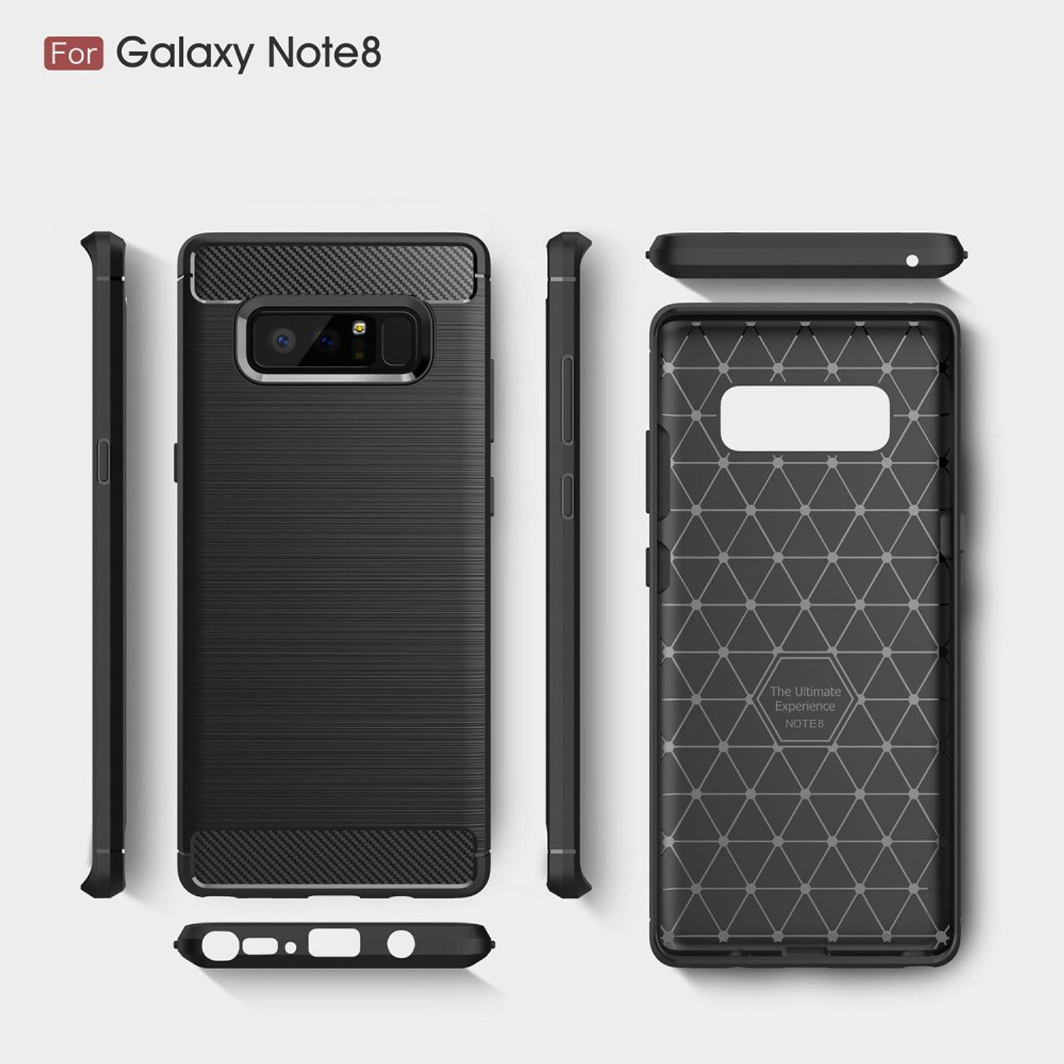 Schwarze Handyhüllen-Komponenten für Galaxy Note8. Enthält Vorder-, Rück- und Seitenansichten.