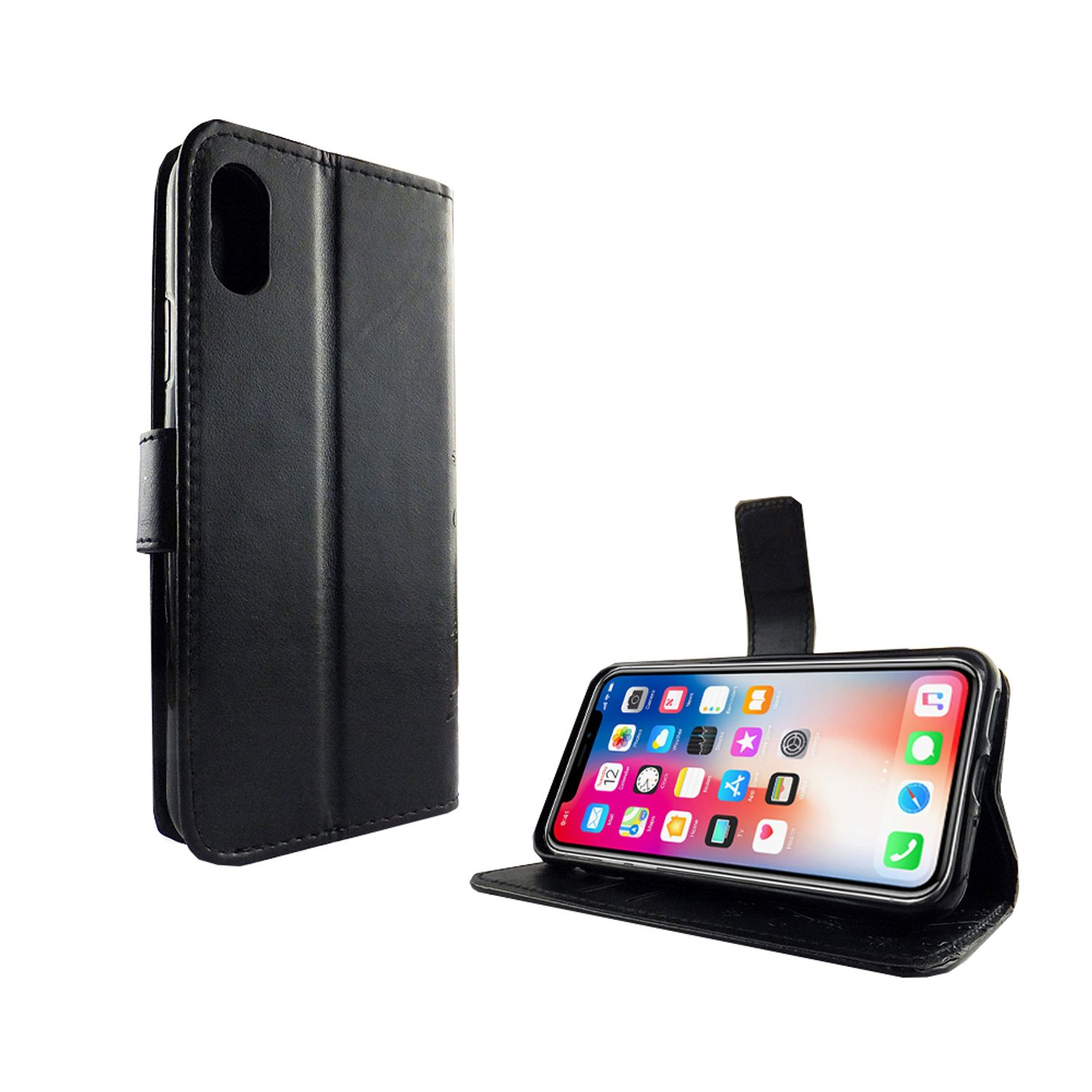 Telefon mit schwarzer Hülle. Die Hülle ist offen. Der Bildschirm zeigt Symbole.