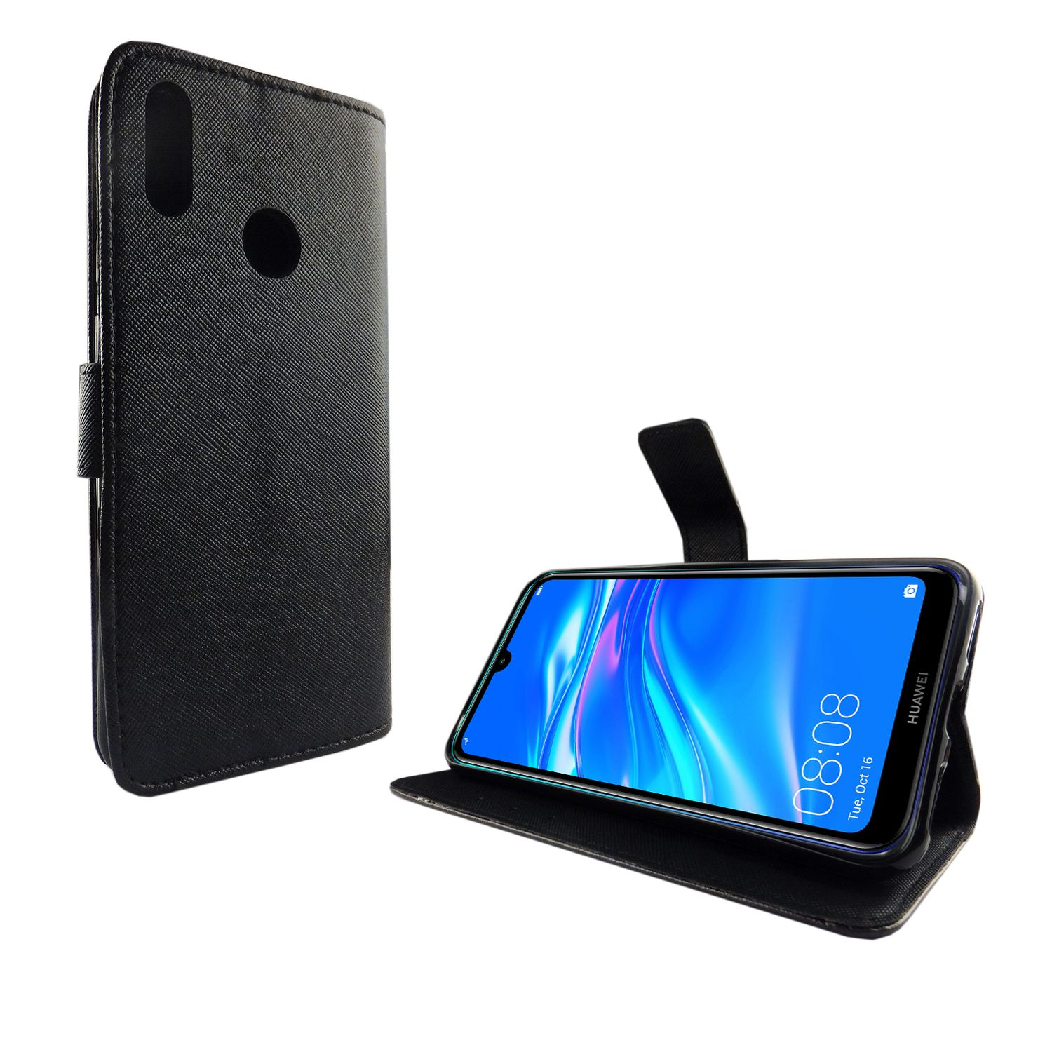 Schwarzes Telefon in einer Brieftaschenhülle, geöffnet mit Telefonbildschirm und Logo.