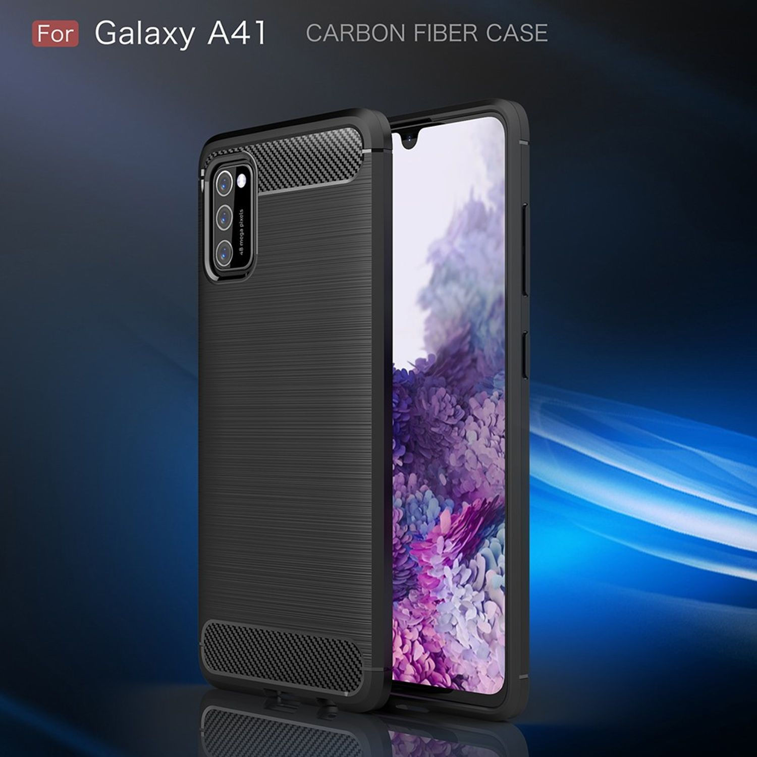 Eine schwarze Carbonfaser-Hülle für ein Galaxy A41-Telefon, die die Rückseite des Telefons und eine Seitenansicht zeigt.