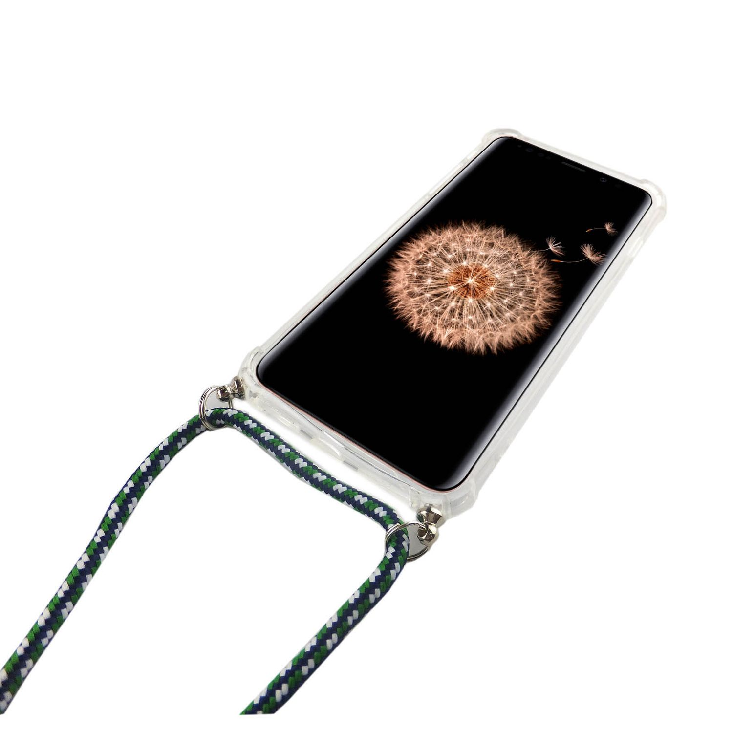 Transparente Handyhülle mit Kordel am Telefon. Löwenzahnbild auf dem Bildschirm. Weißer Hintergrund.