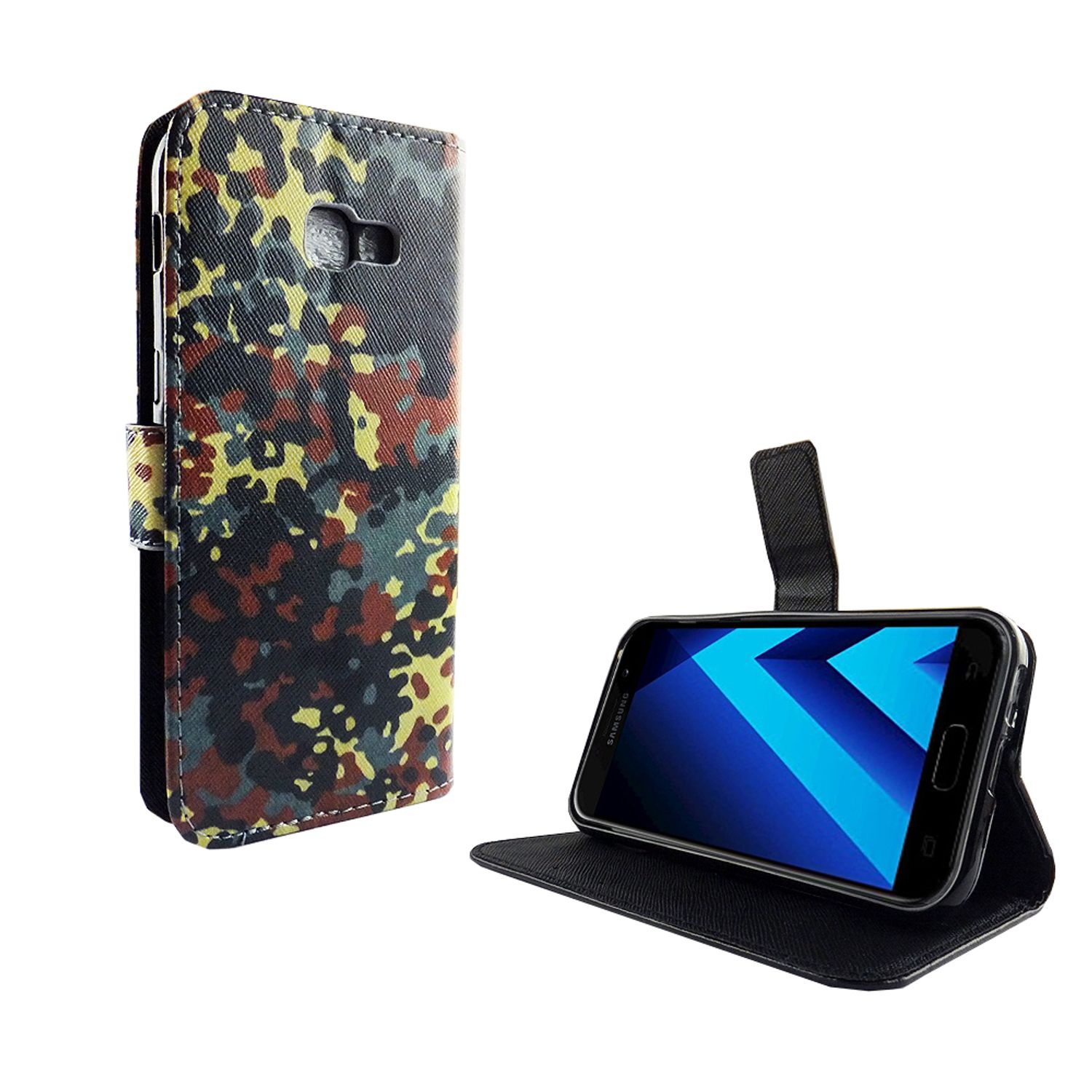 Handyhülle mit Camouflage-Design. Das Telefon befindet sich in der geöffneten Hülle und zeigt den Bildschirm.