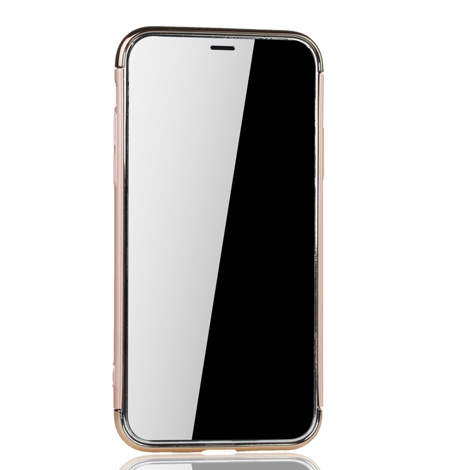 Ein Smartphone mit schwarzem Bildschirm in goldfarbenem Gehäuse. Der Hintergrund ist weiß.