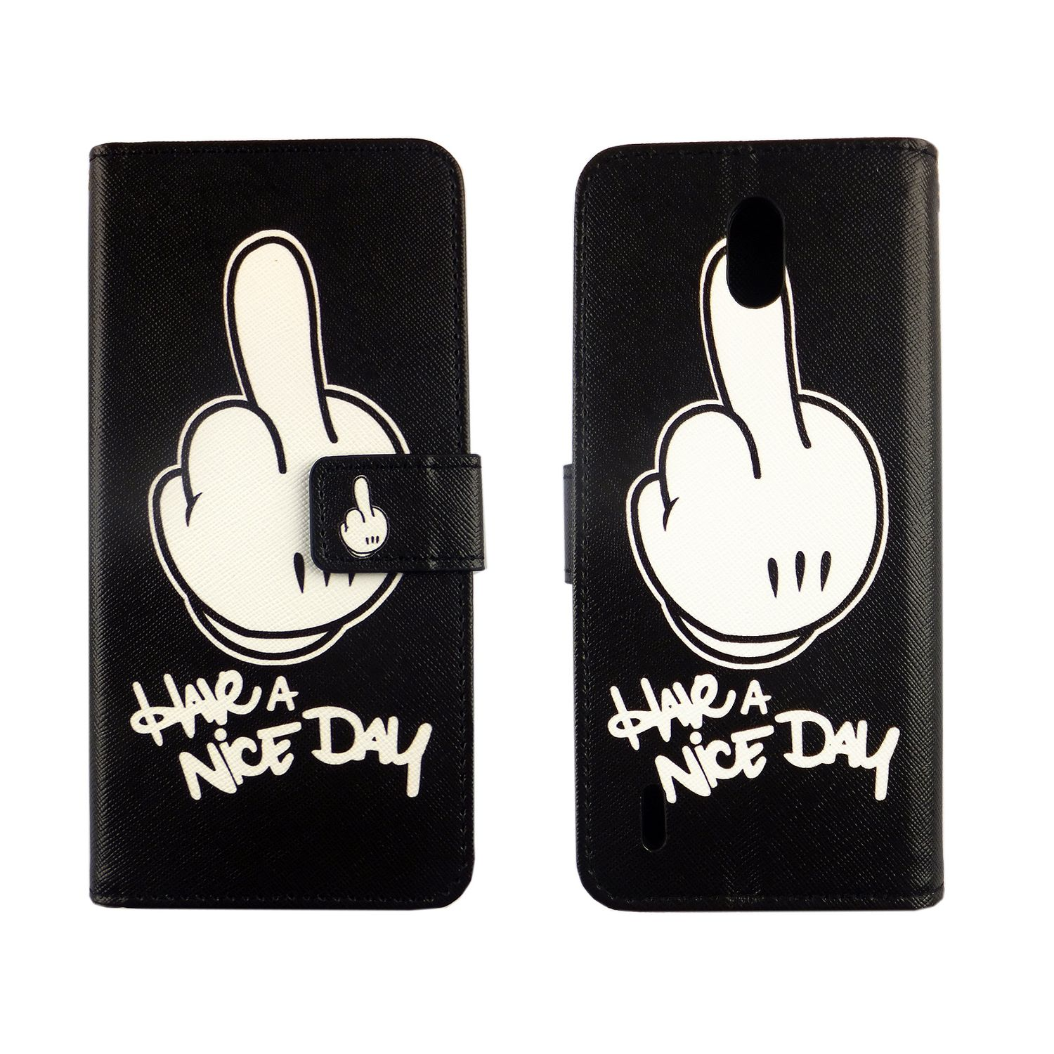 Eine schwarze Handyhülle mit Mittelfinger-Design. Der Hintergrund ist weiß.