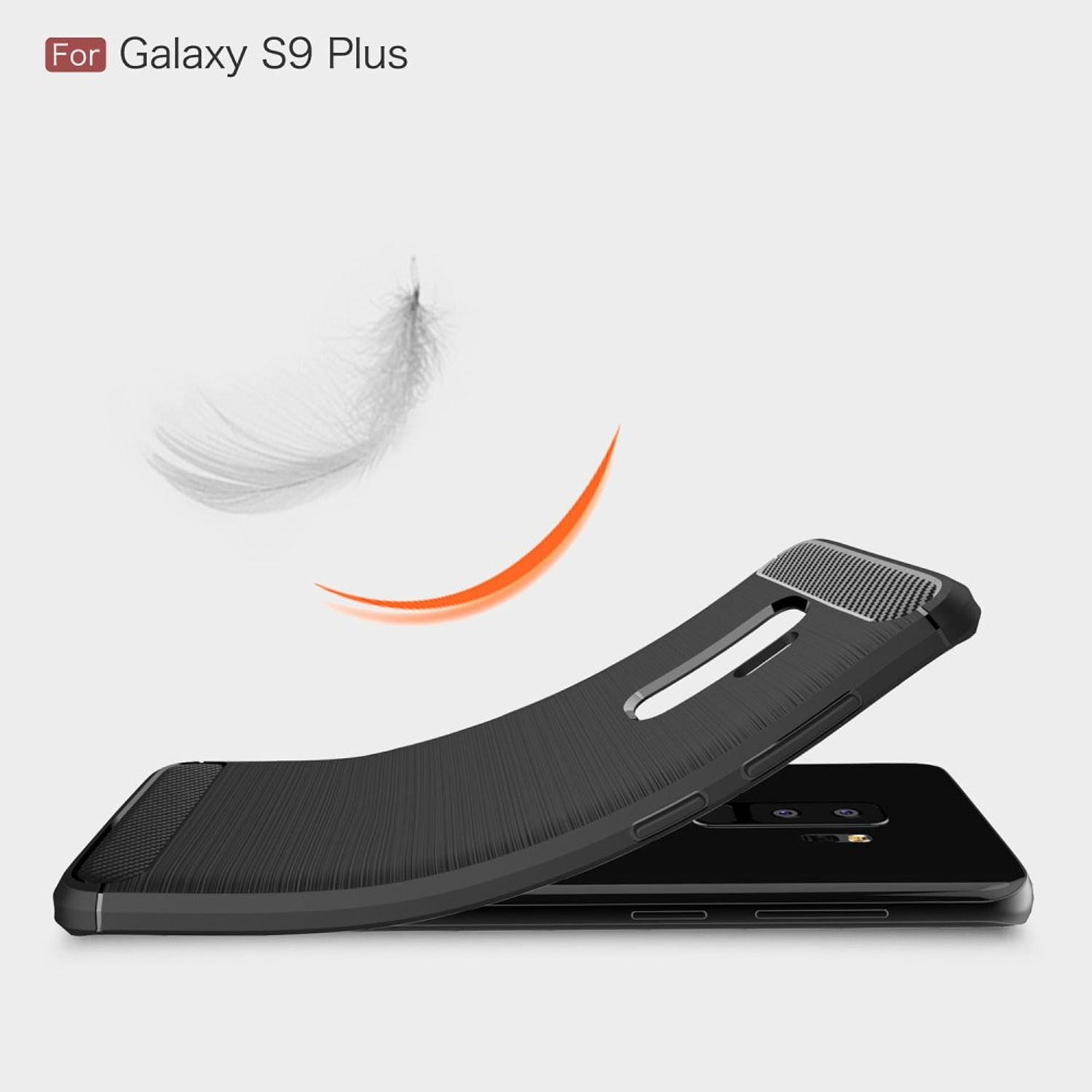 Schwarze Handyhülle, mit Feder und orangefarbenem Bogen. Für Galaxy S9 Plus.