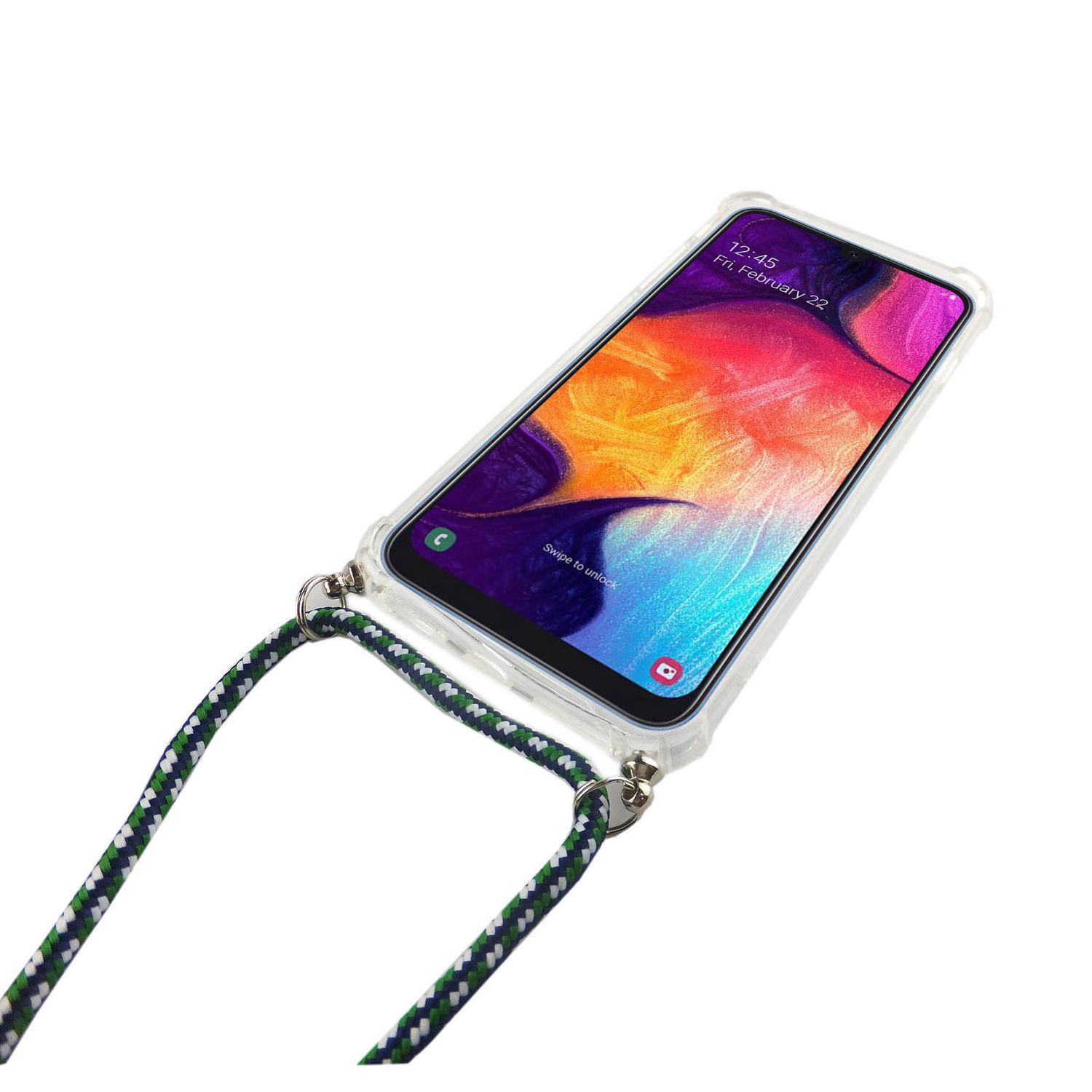 Telefon mit Lanyard, transparente Hülle, weißer Bildschirm, auf weißem Hintergrund.
