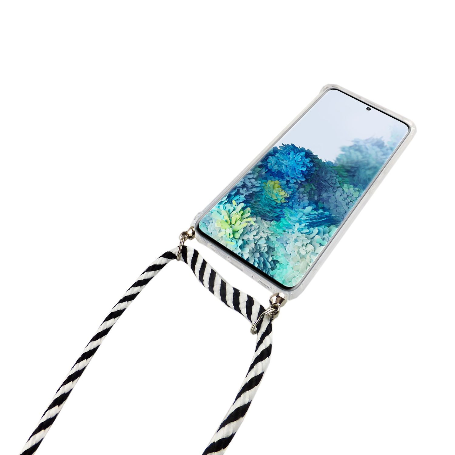 Ein Telefon mit einem Riemen. Das Telefon befindet sich in einer transparenten Hülle mit einem schwarz-weiß gestreiften Riemen.