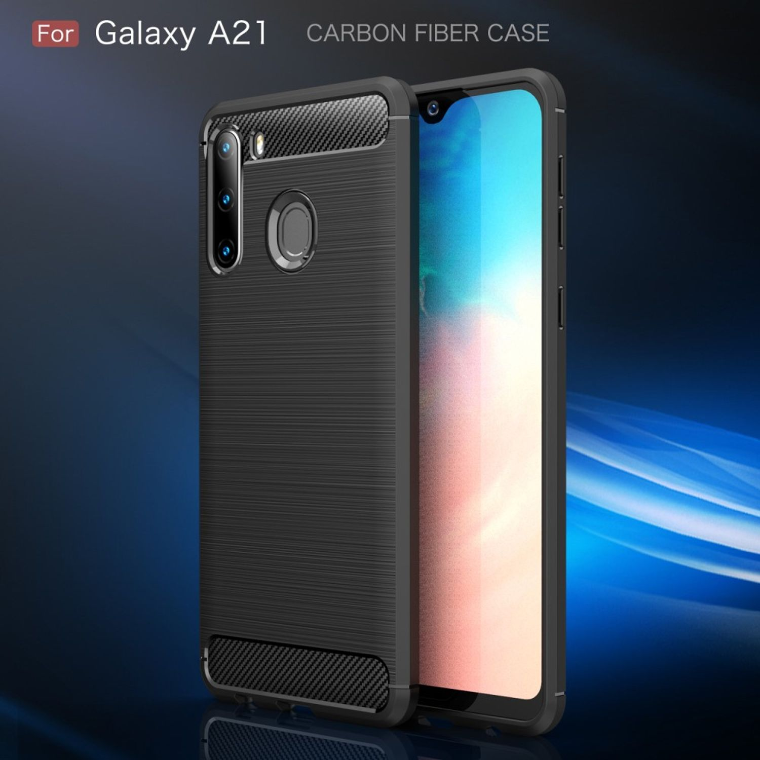 Schwarze Handyhülle mit Carbonfaser-Design. Text: "For Galaxy A21 Carbon Fiber Case".
