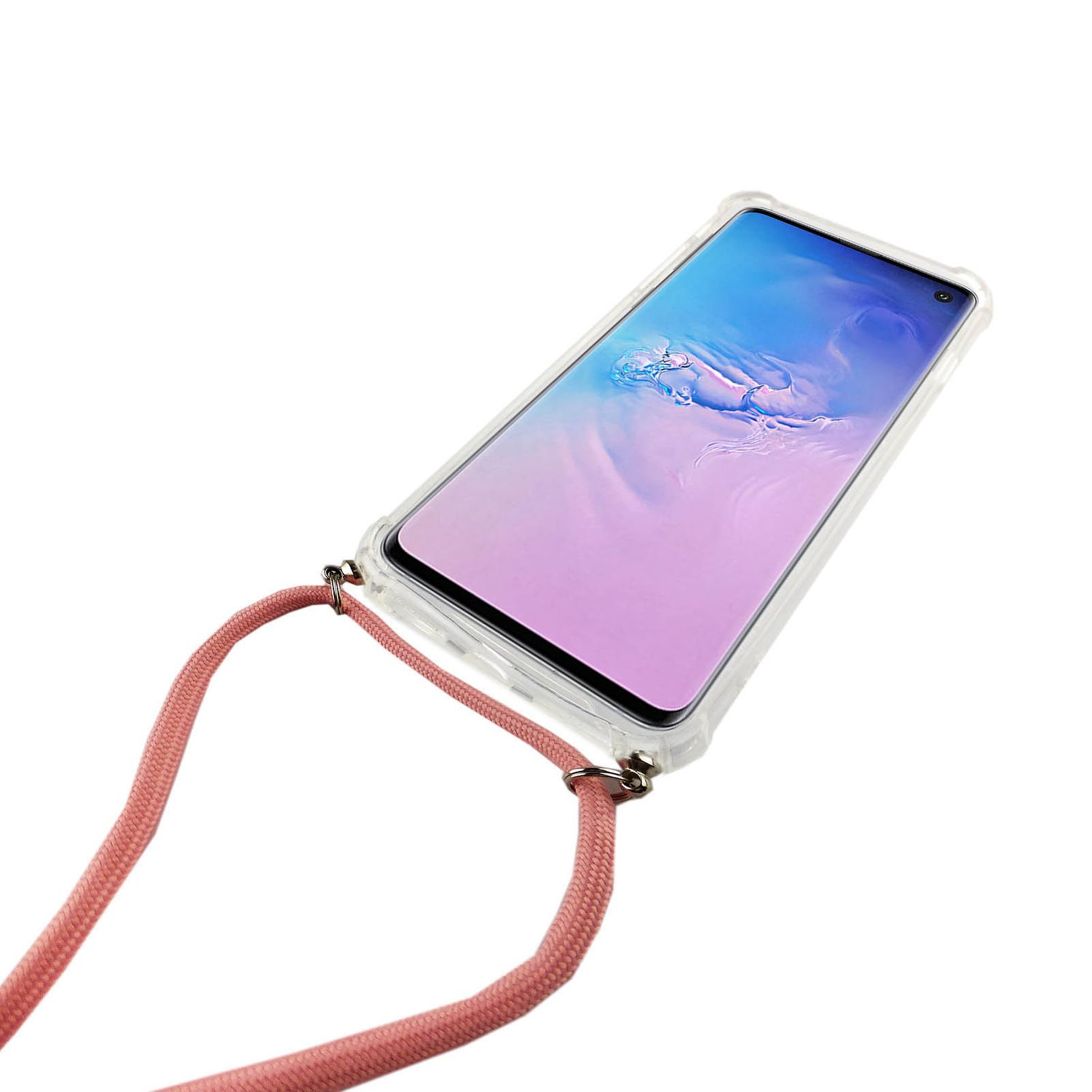 Telefon mit Lanyard, transparente Hülle, weißer Bildschirm, auf weißem Hintergrund.