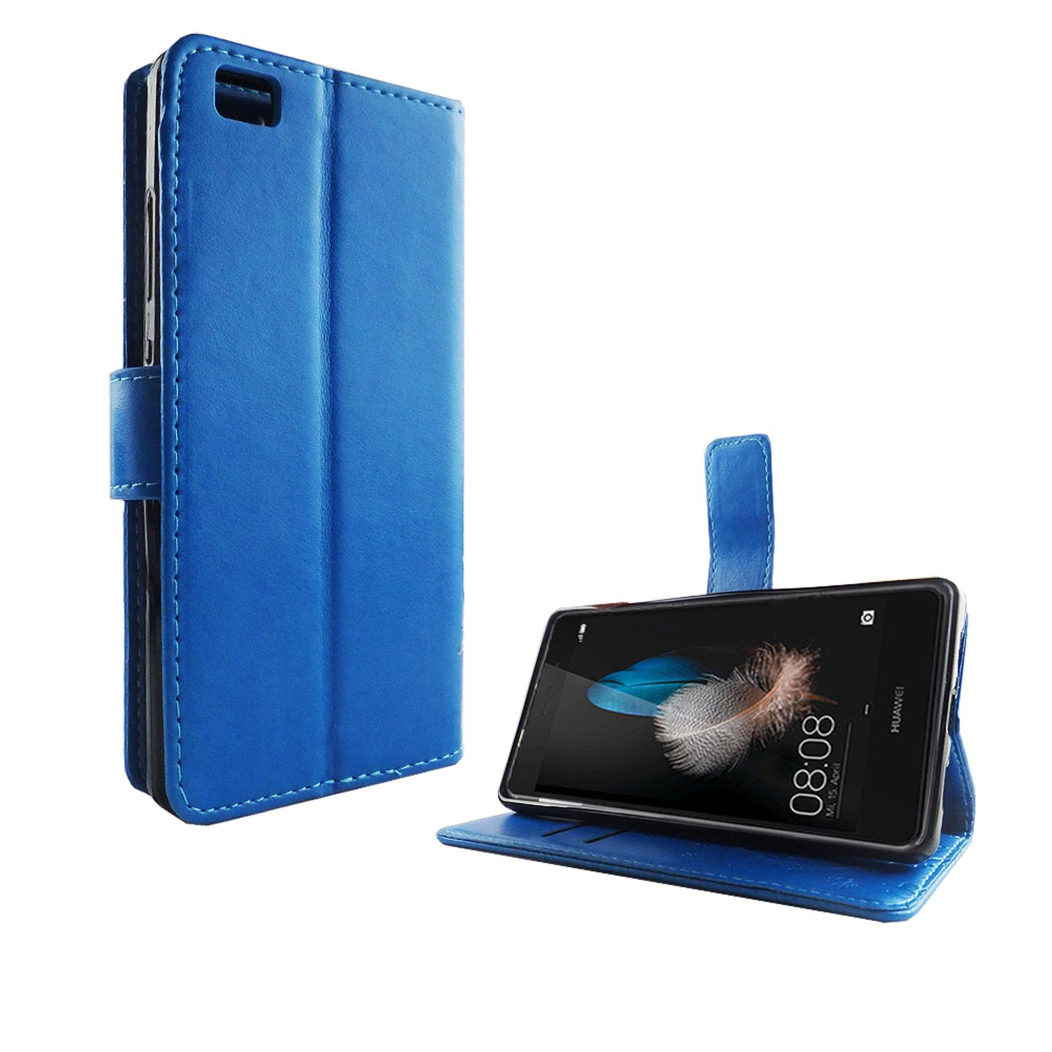 Eine blaue Handyhülle mit einem Telefon darin. Das Telefon ist geöffnet und ein Bildschirm ist sichtbar.