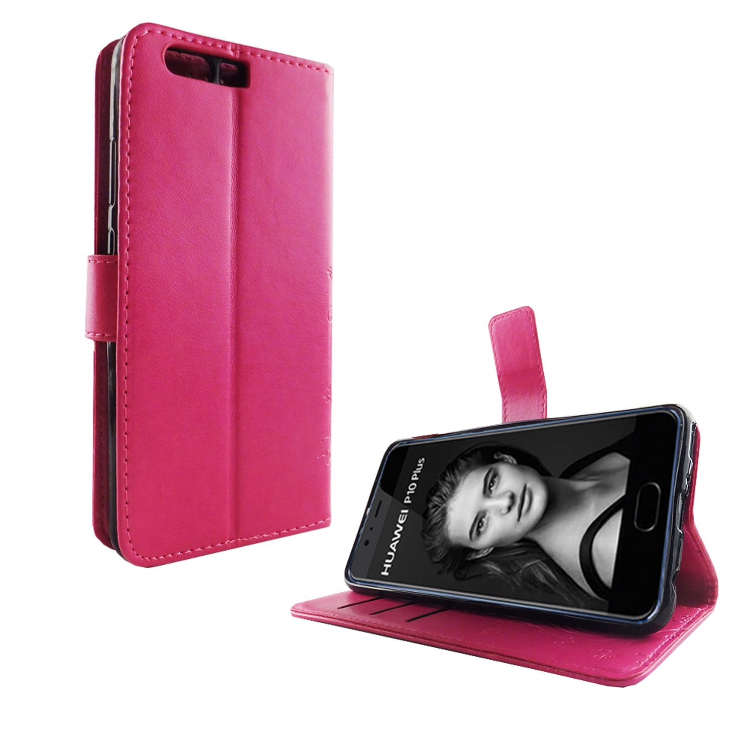 Rosa Handyhülle mit einem Telefon, das ein Foto einer Frau zeigt. Weißer Hintergrund.