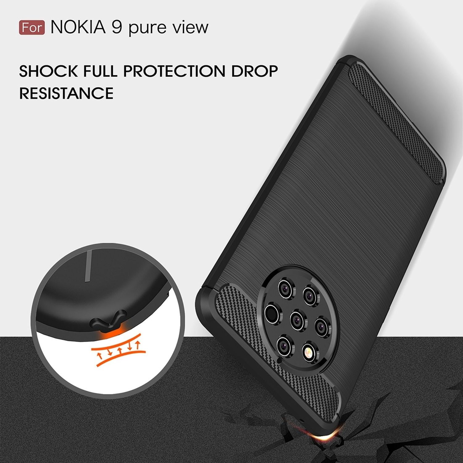 Schwarze Handyhülle schräg, mit Text und Aufprallillustration. Für Nokia 9 pure view.