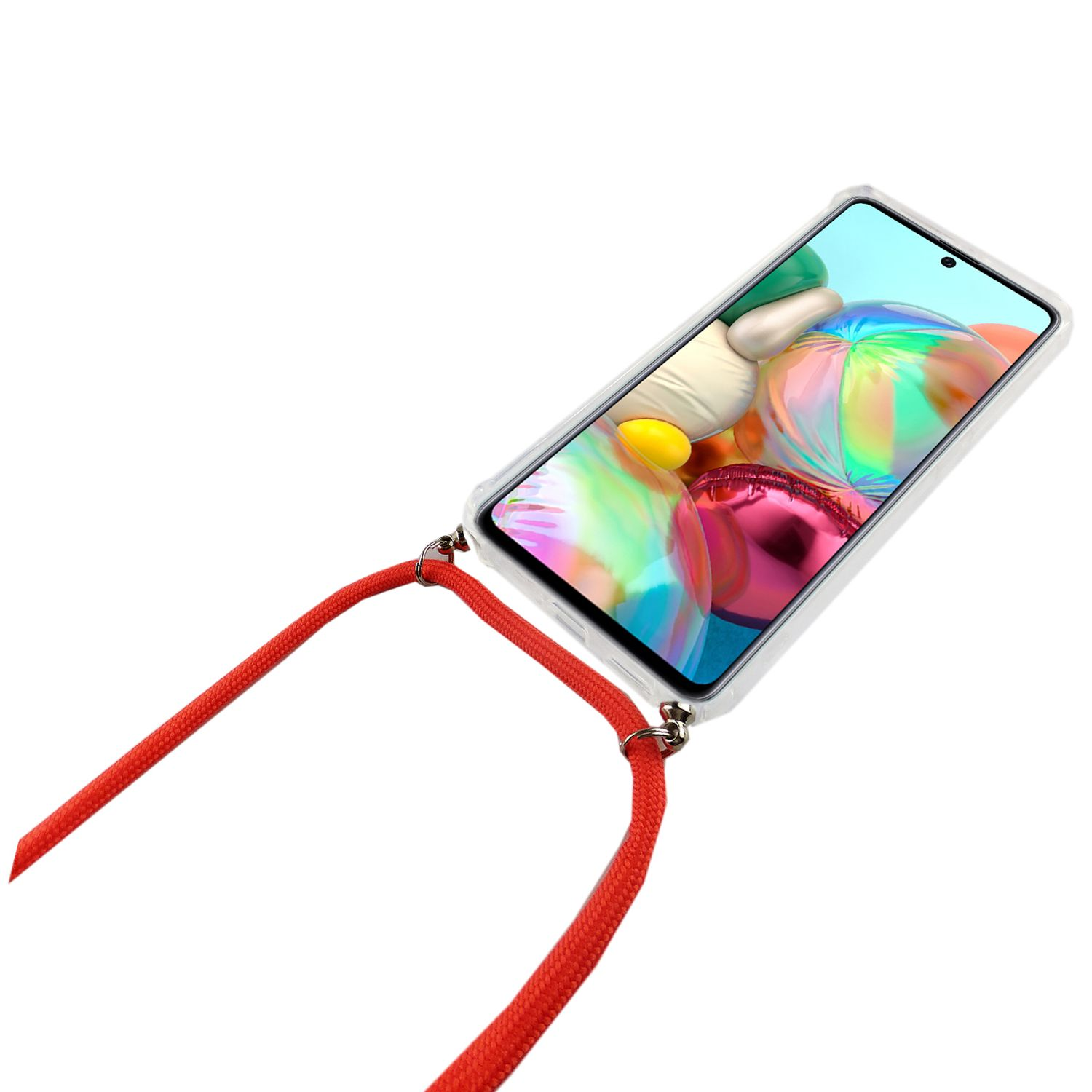 Ein Telefon mit roter Schnur. Das Telefon befindet sich in einer transparenten Hülle. Der Hintergrund ist weiß.