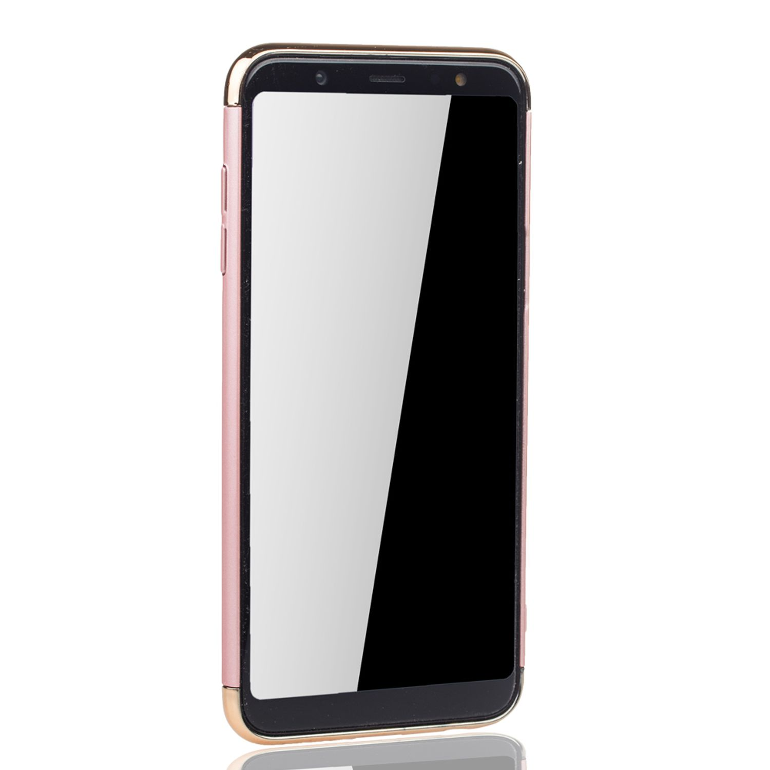 Ein Smartphone mit pinkfarbener Hülle und schwarzem Bildschirm liegt auf weißem Untergrund. Reflexion sichtbar.