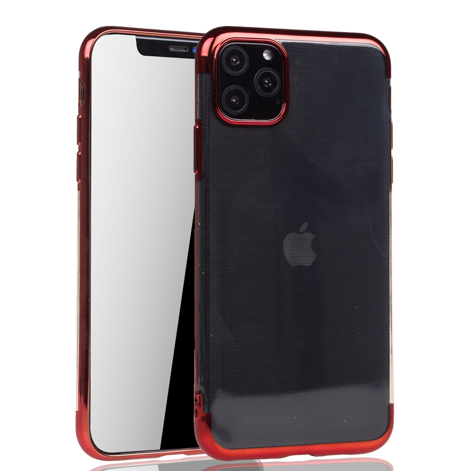 Ein Telefon in einer Hülle mit rotem Rand und schwarzer Rückseite. Weißer Hintergrund.