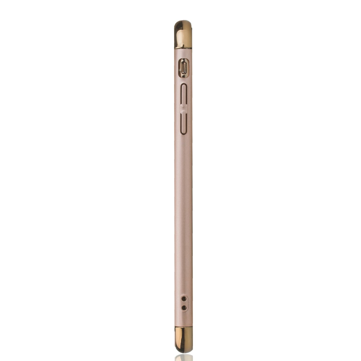Roségoldenes Telefon mit goldener Zierleiste auf weißem Hintergrund. Das Telefon ist hoch und dünn.