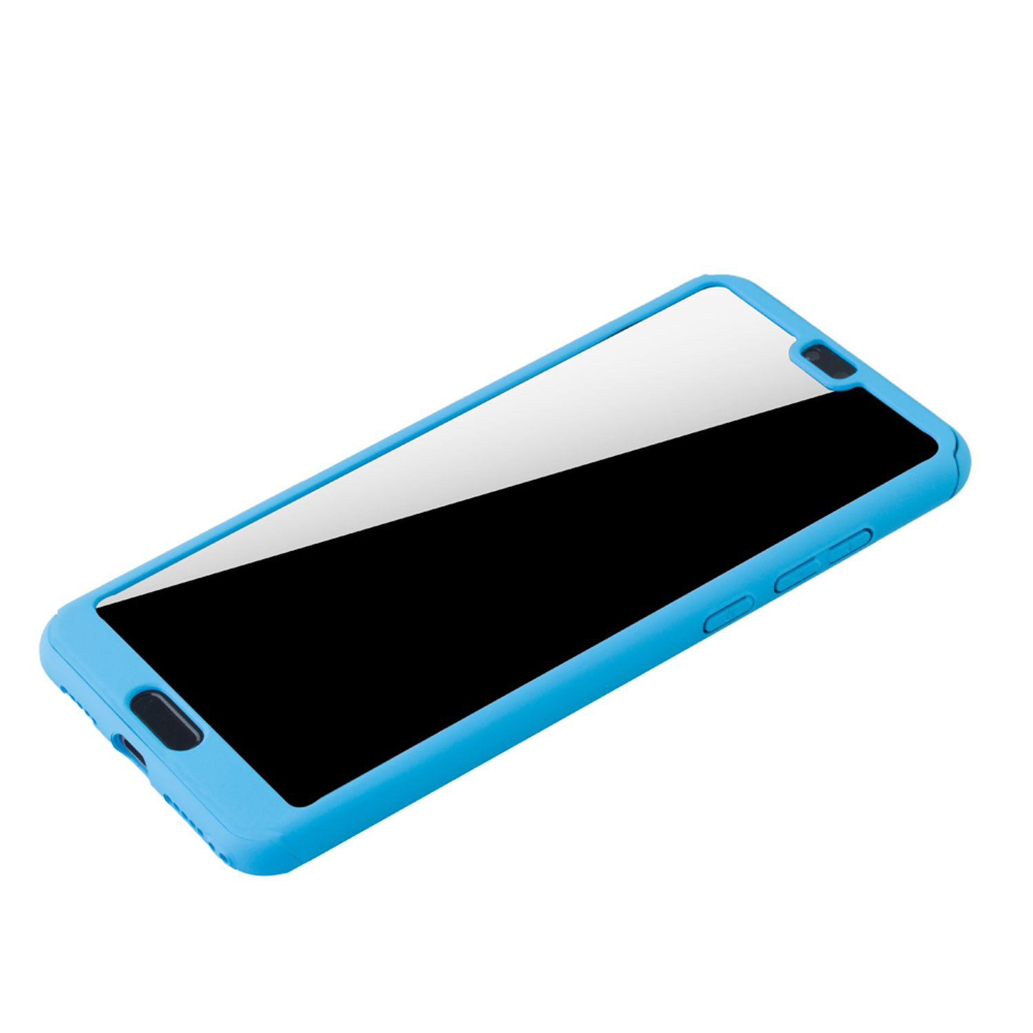 Blaue Handyhülle angewinkelt, schwarzer Bildschirm. Das Telefon vor weißem Hintergrund.