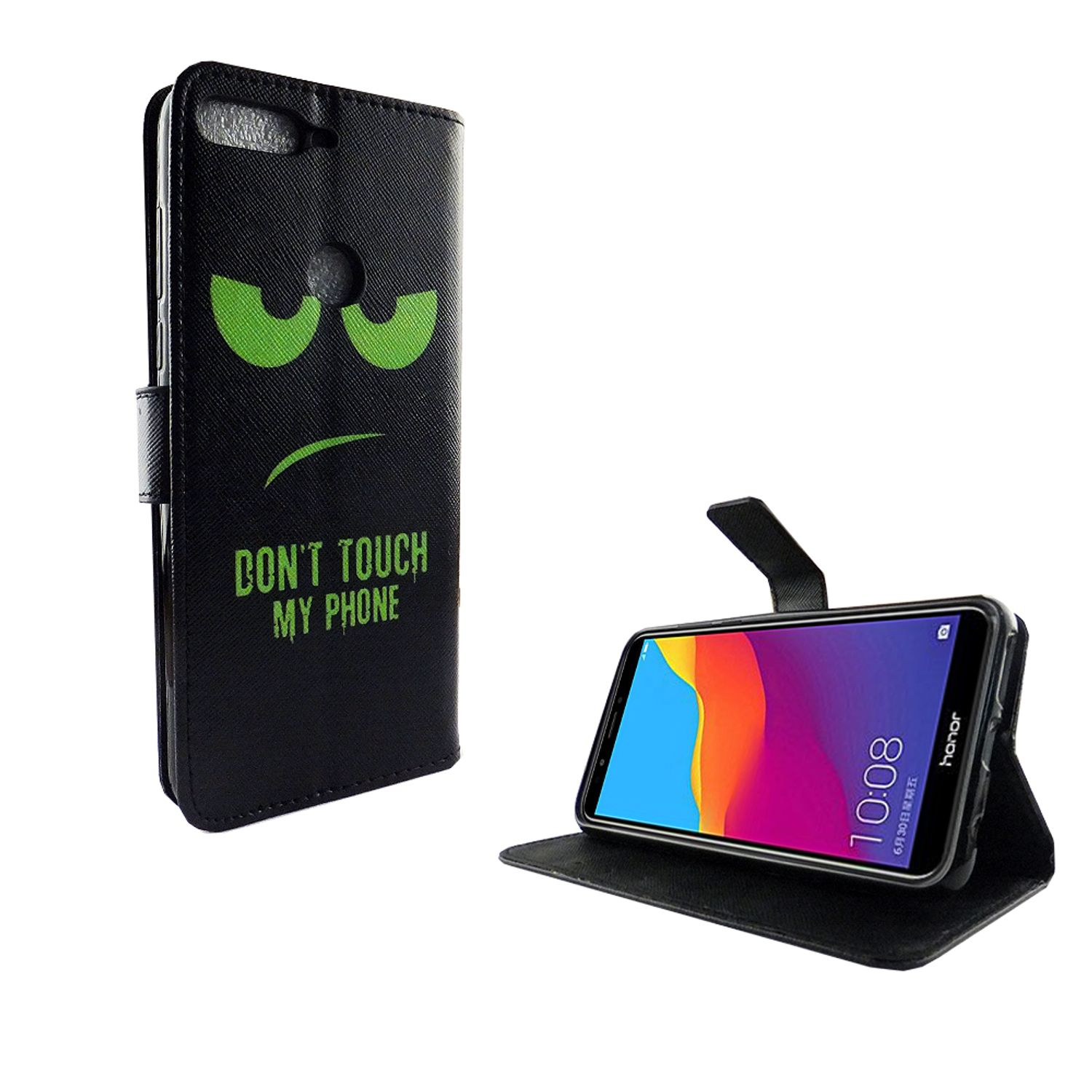 Eine Handyhülle mit schwarzem Bildschirm. Die Hülle ist schwarz mit grünen Augen und dem Text "DON'T TOUCH MY PHONE".