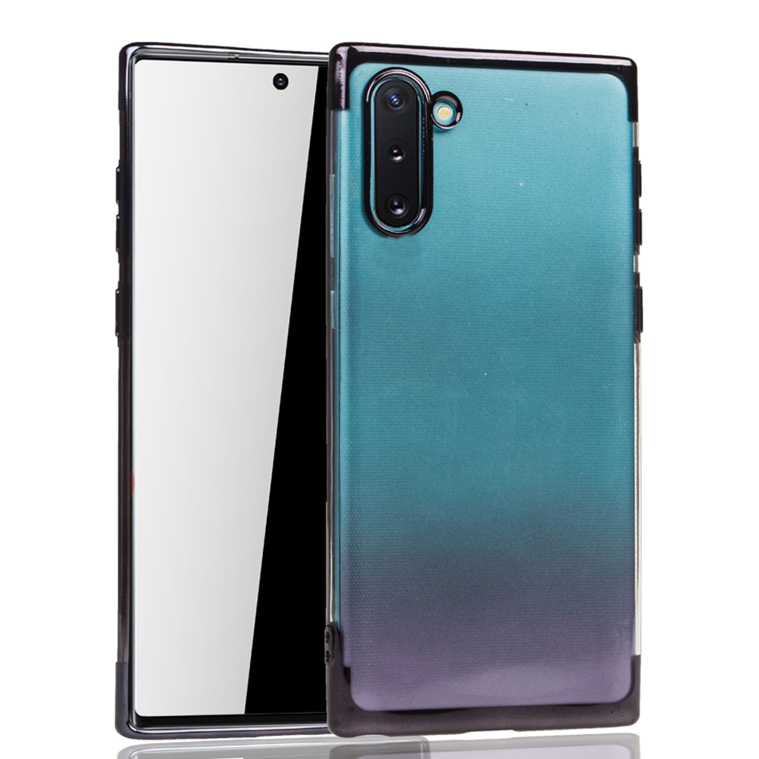 Blaue und schwarze Handyhülle mit Telefon. Weißer Hintergrund.
