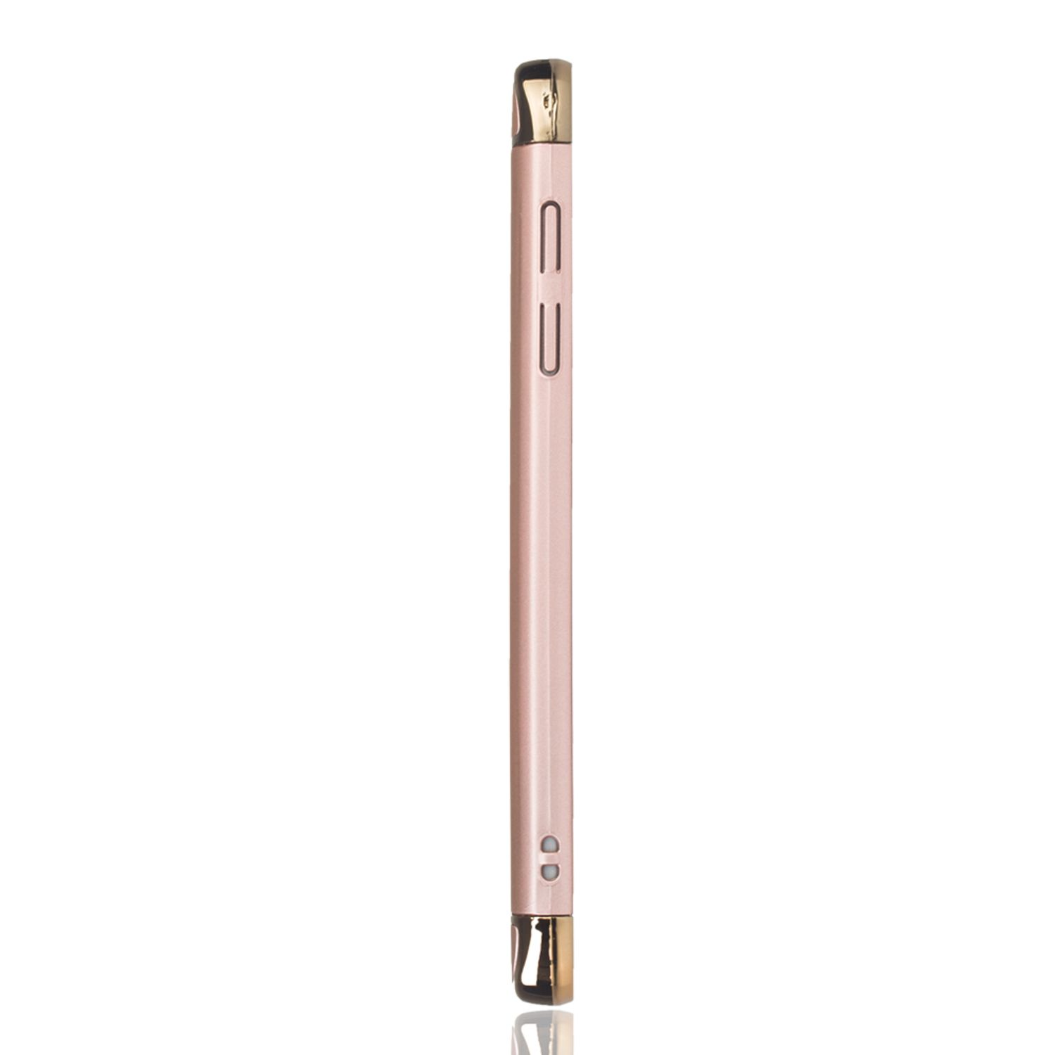 Rosafarbenes Telefon mit goldenem Rahmen. Das Telefon ist lang und dünn, mit Knöpfen und Kamera.