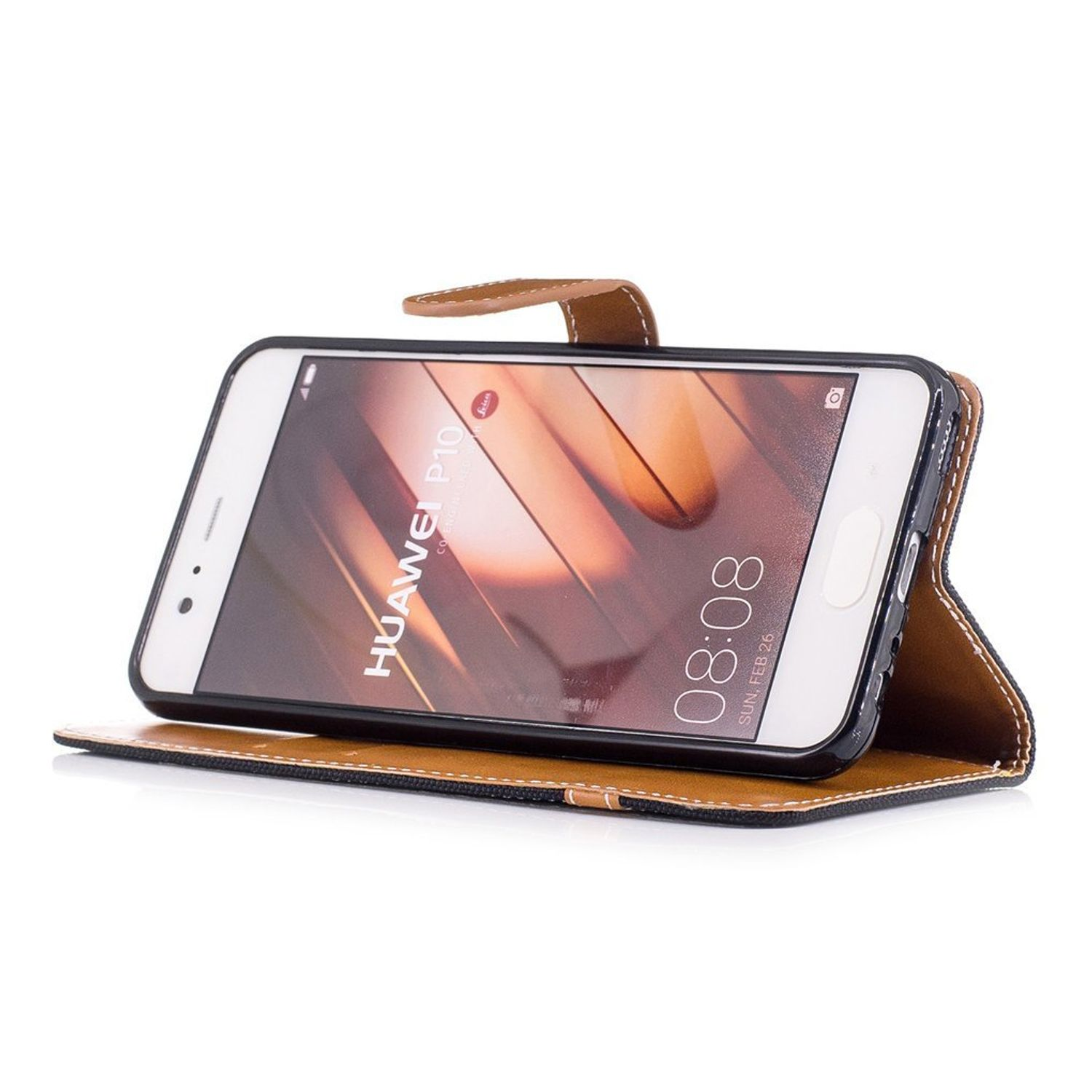 Telefon in einer offenen Handyhülle. Das Telefon ist schwarz und zeigt eine Uhrzeit und ein Datum.