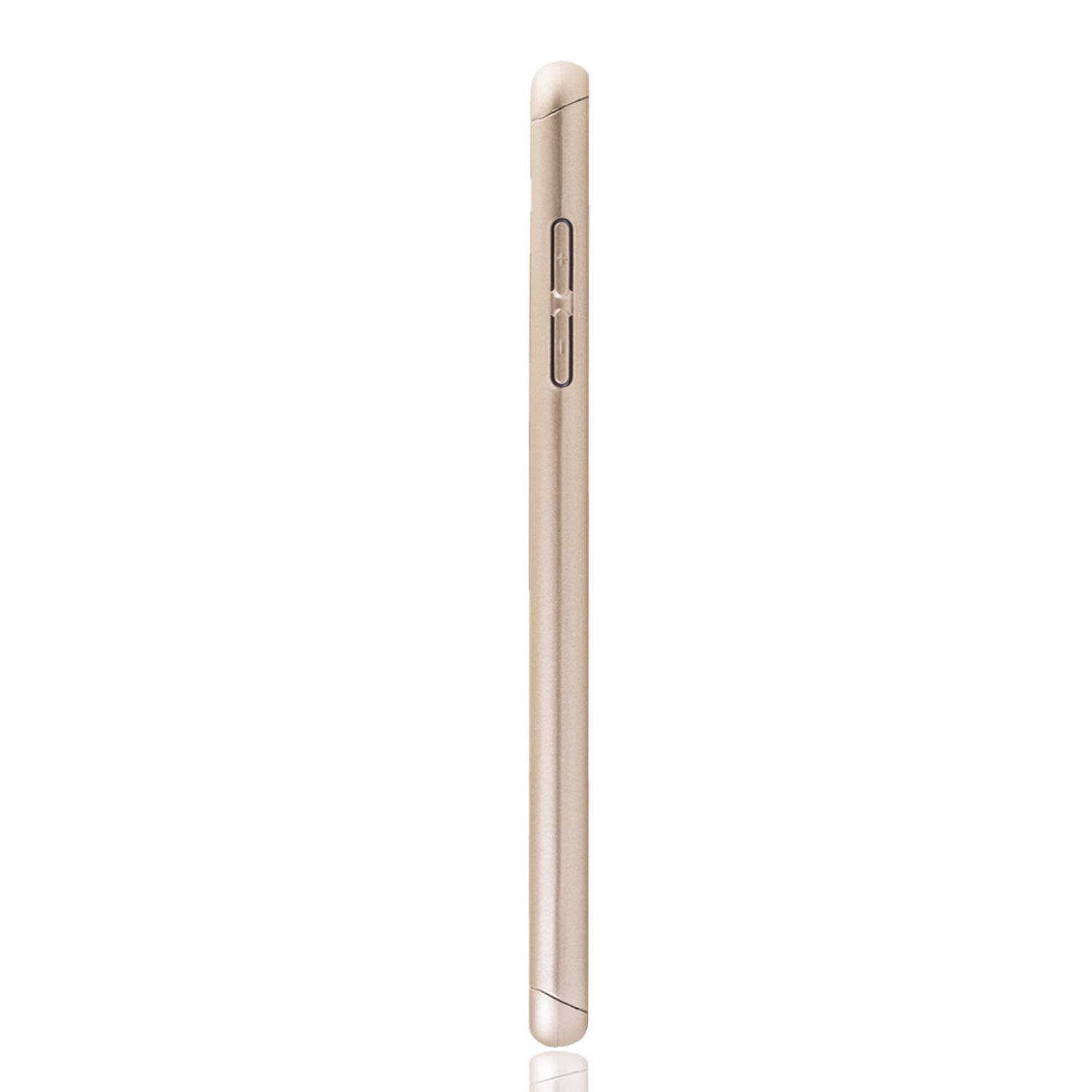 Ein goldfarbenes Telefon, Seitenansicht. Die Knöpfe und die Kamera sind an der Seite sichtbar.