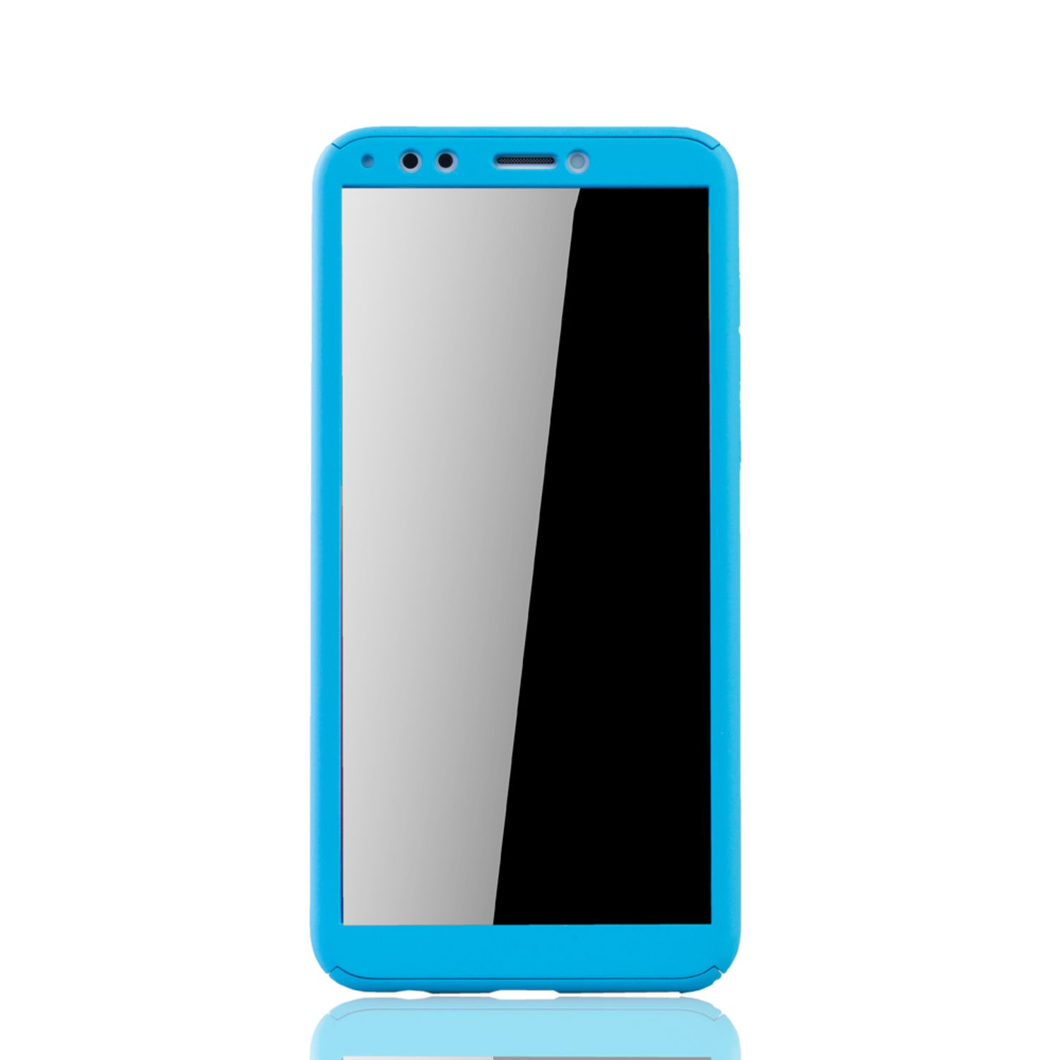Blaue Handyhülle. Das Telefon hat einen schwarzen Bildschirm. Die Hülle ist blau.