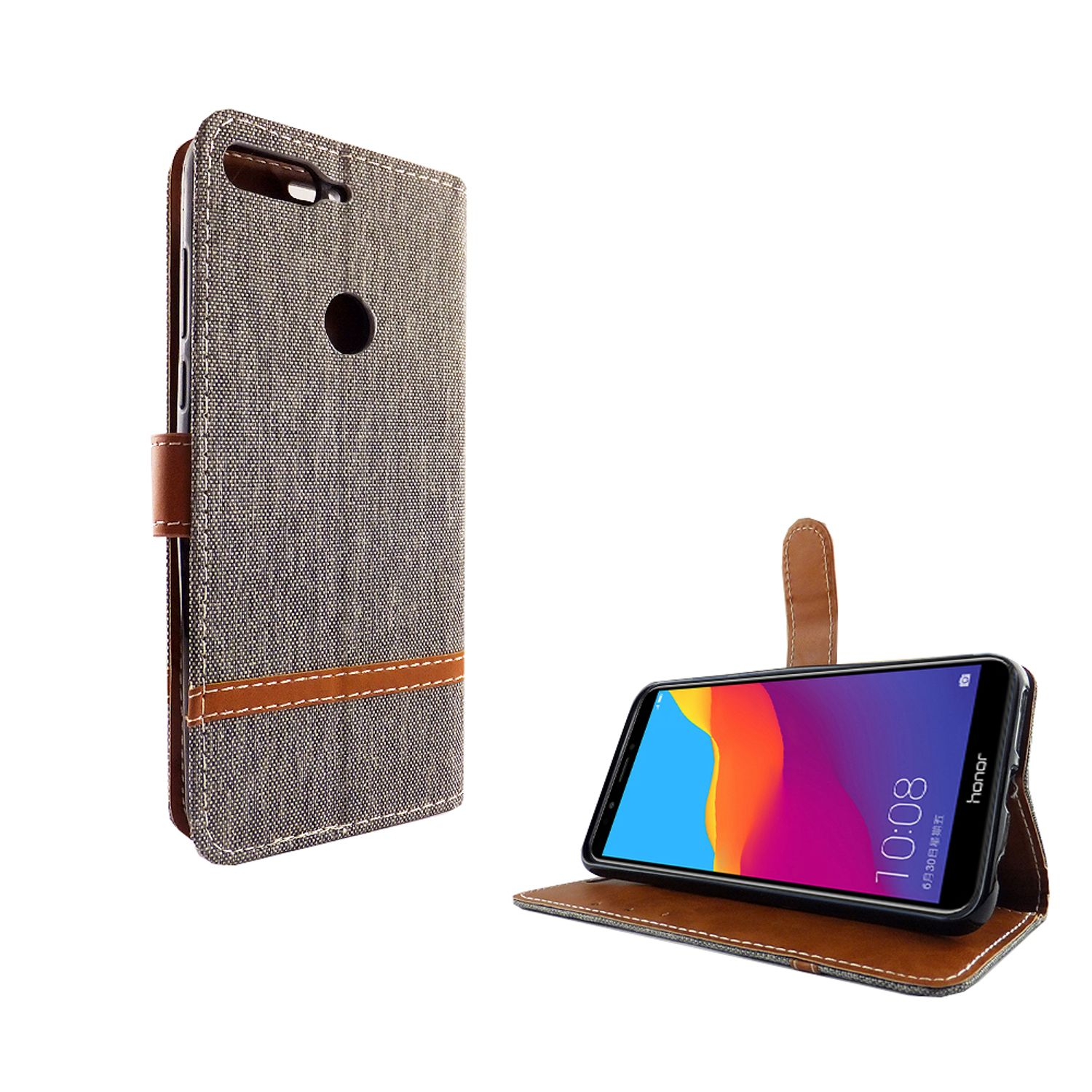 Handyhülle mit dunklem Stoffmuster. Telefon innen, Bildschirm sichtbar, braune Lederakzente.