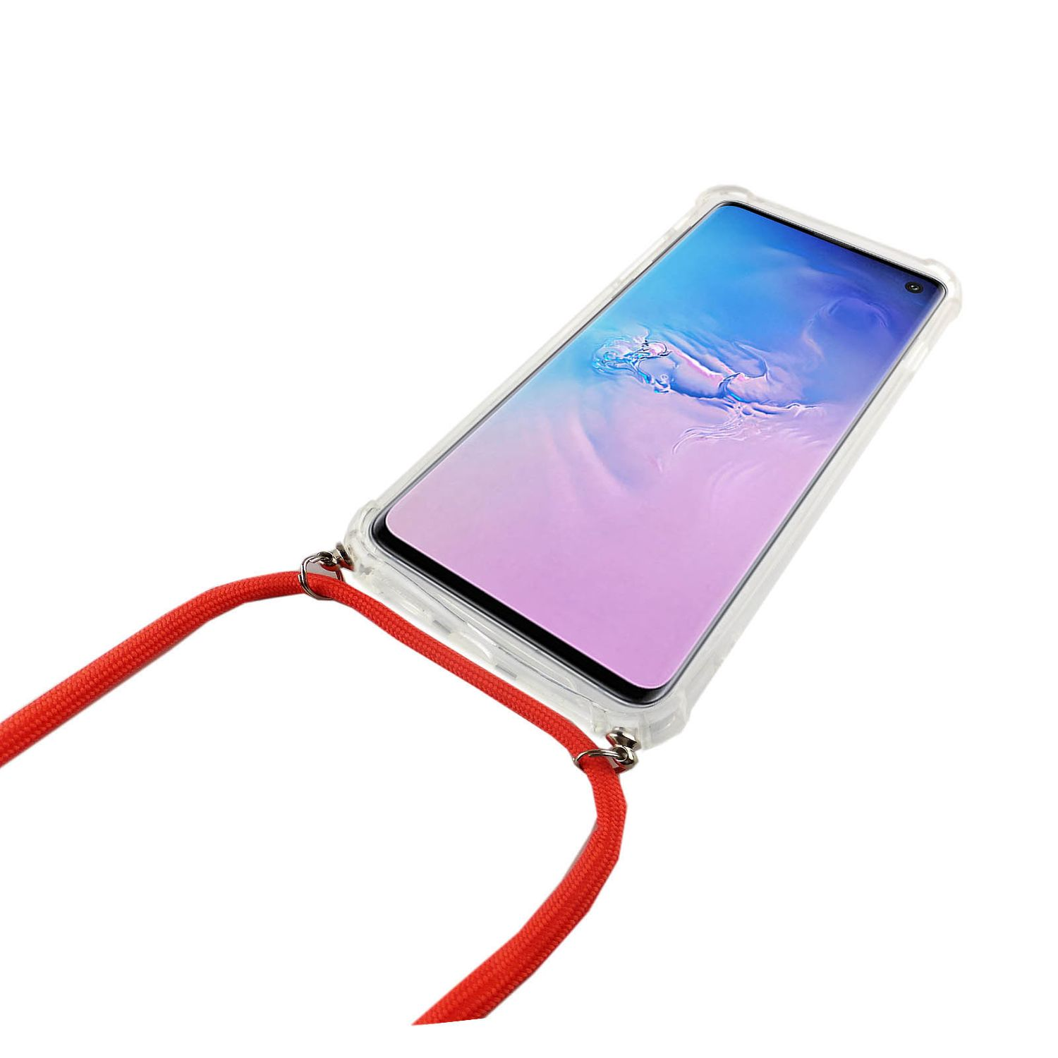 Transparente Handyhülle mit roter Kordel. Das Telefon hat einen blau-violetten Bildschirm. Weißer Hintergrund.