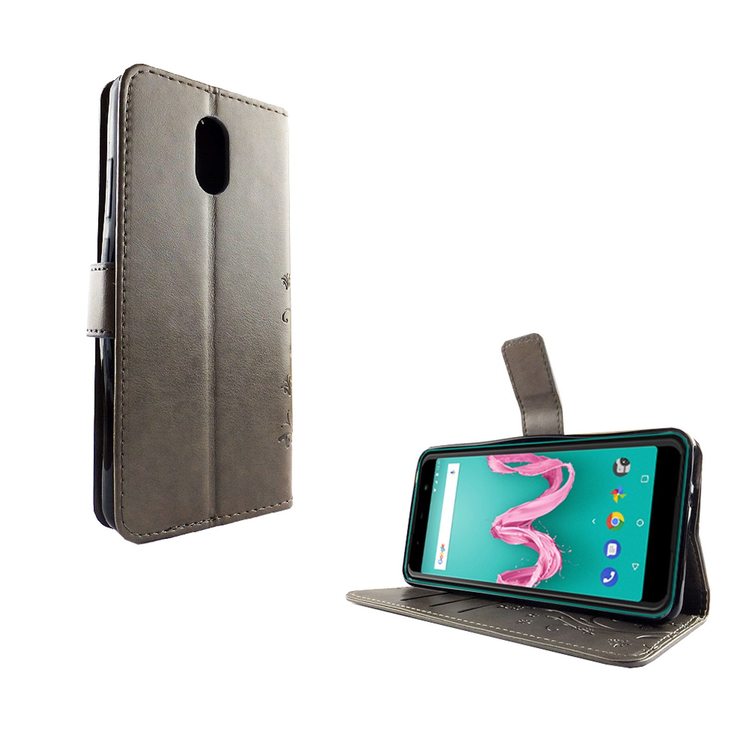 Telefonhülle, offen und stehend, zeigt ein Telefon. Die Hülle ist grau, das Telefon befindet sich auf weißem Hintergrund.