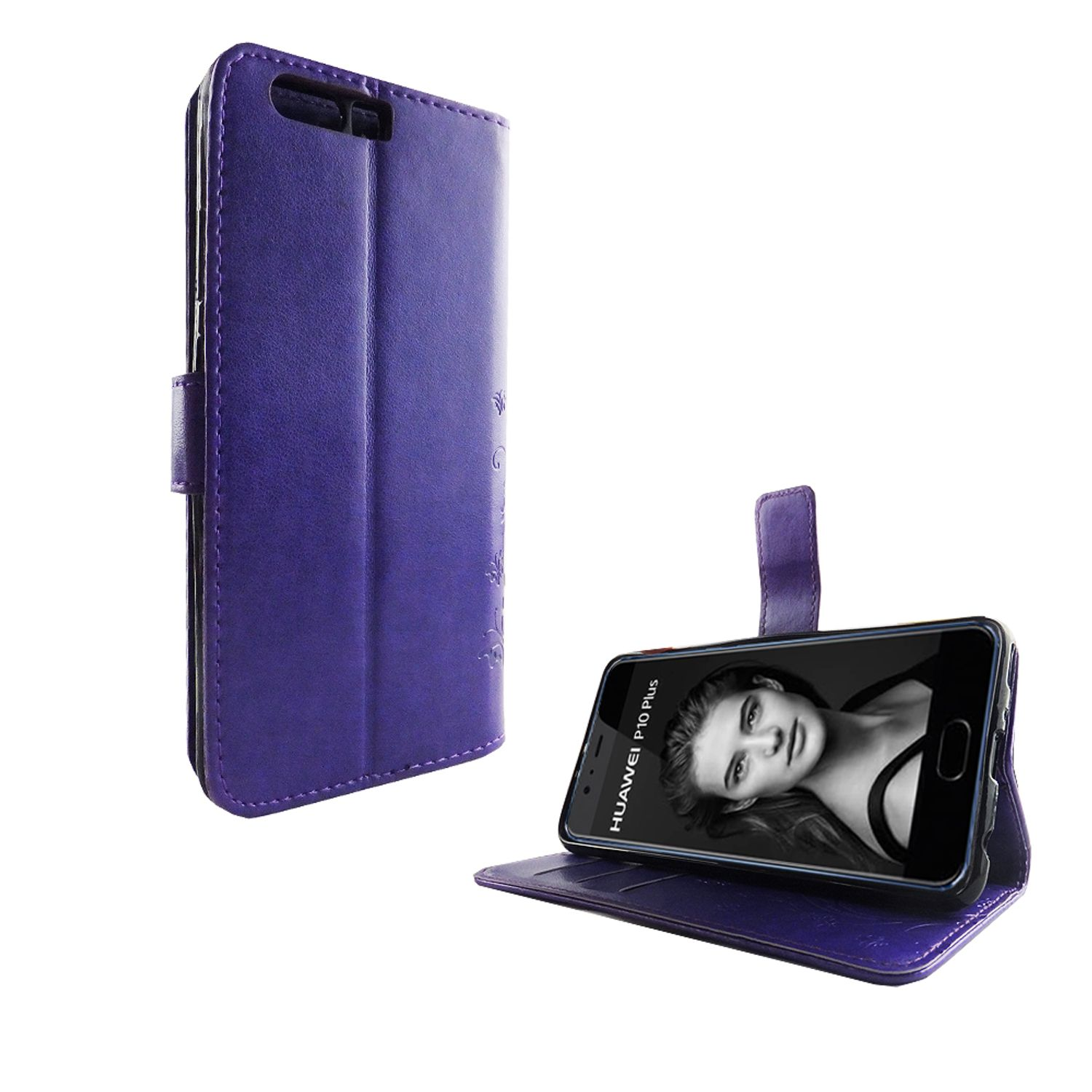 Lila Handyhülle offen mit Telefon, weißer Hintergrund.