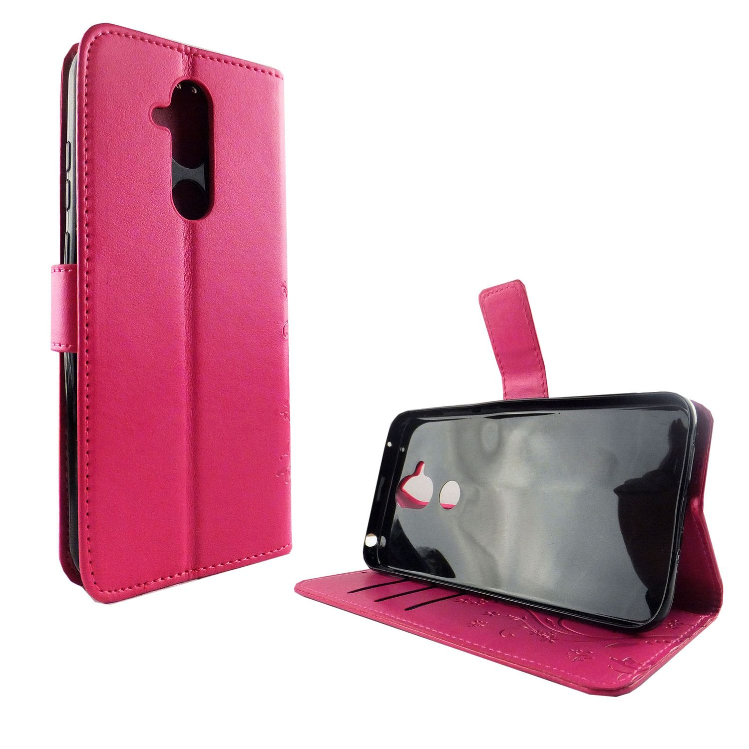 Rosa Geldbörsen-Handyhülle mit Telefon, geöffnet, auf weißem Hintergrund.